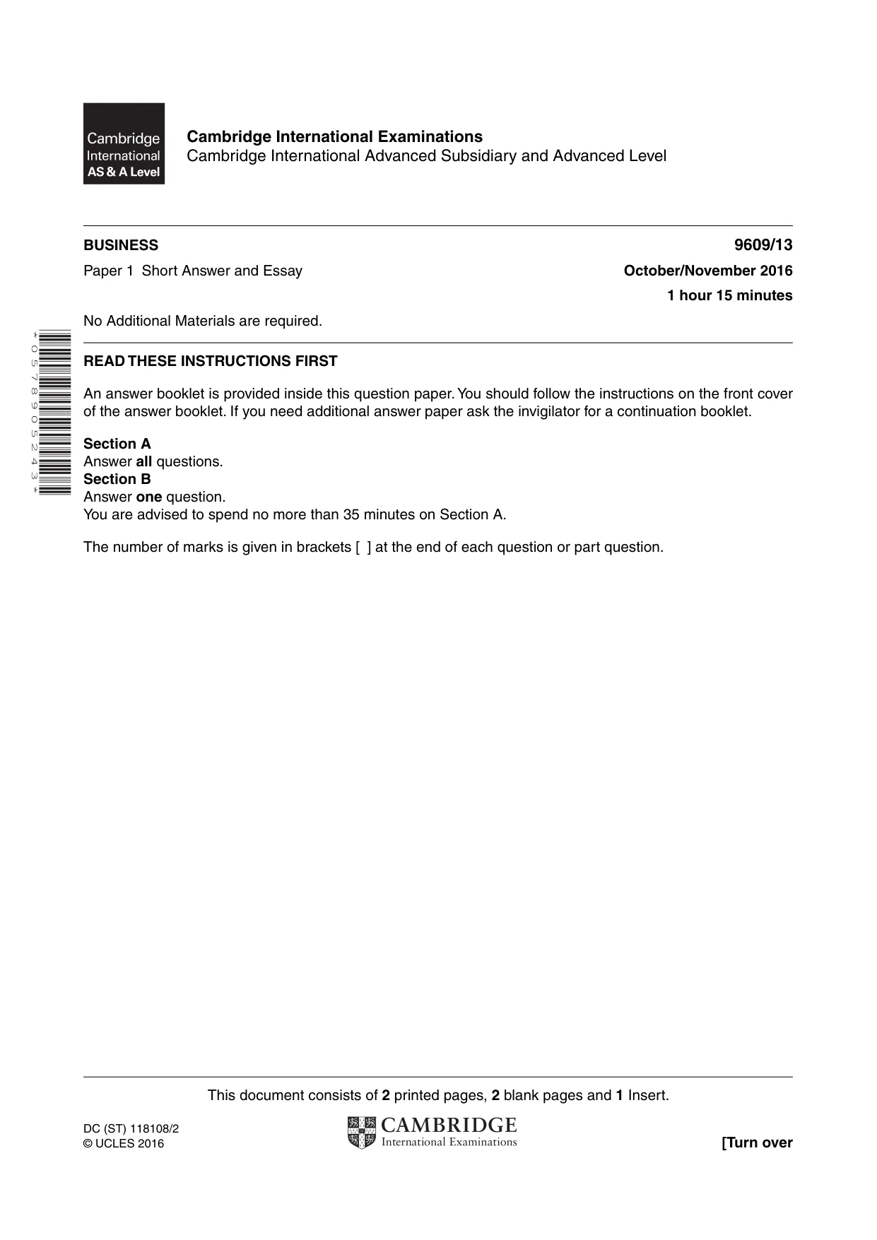 Cambridge A Level Business (for first examination in 2016) 9609 2016 Oct/Nov Paper 1 · Variant 3 question paper, page 1 of 4