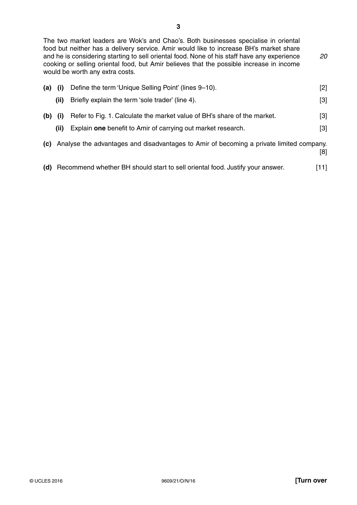 Cambridge A Level Business (for first examination in 2016) 9609 2016 Oct/Nov Paper 2 · Variant 1 question paper, page 3 of 8