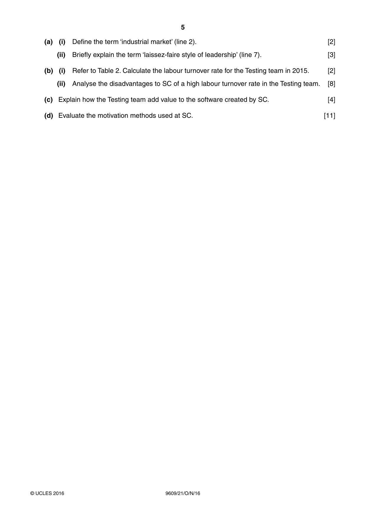 Cambridge A Level Business (for first examination in 2016) 9609 2016 Oct/Nov Paper 2 · Variant 1 question paper, page 5 of 8