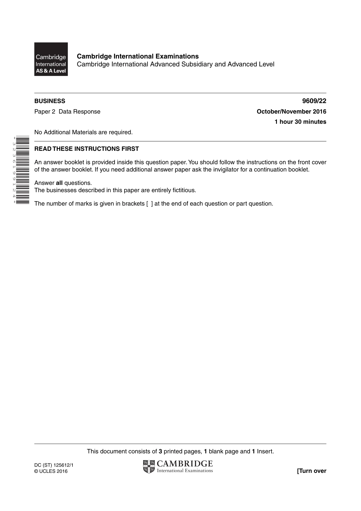 Cambridge A Level Business (for first examination in 2016) 9609 2016 Oct/Nov Paper 2 · Variant 2 question paper, page 1 of 4