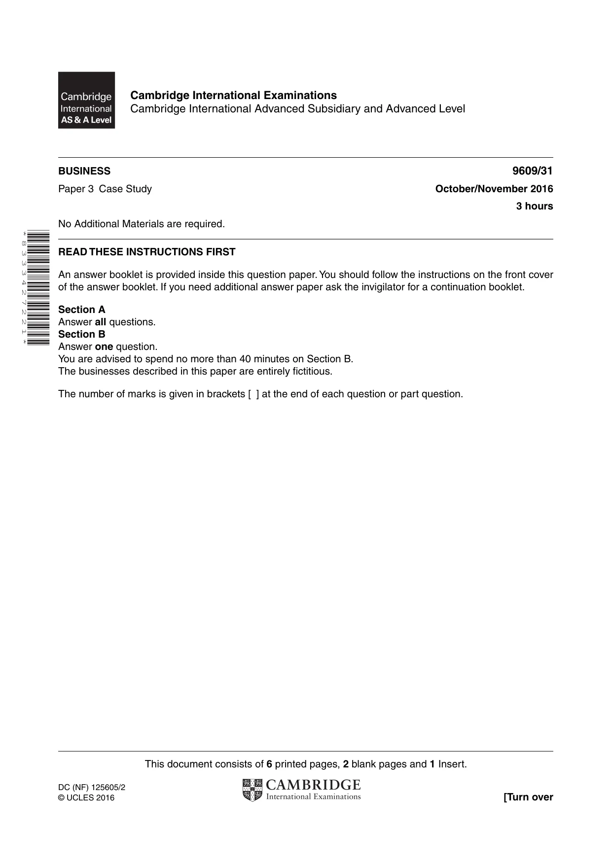Cambridge A Level Business (for first examination in 2016) 9609 2016 Oct/Nov Paper 3 · Variant 1 question paper, page 1 of 8