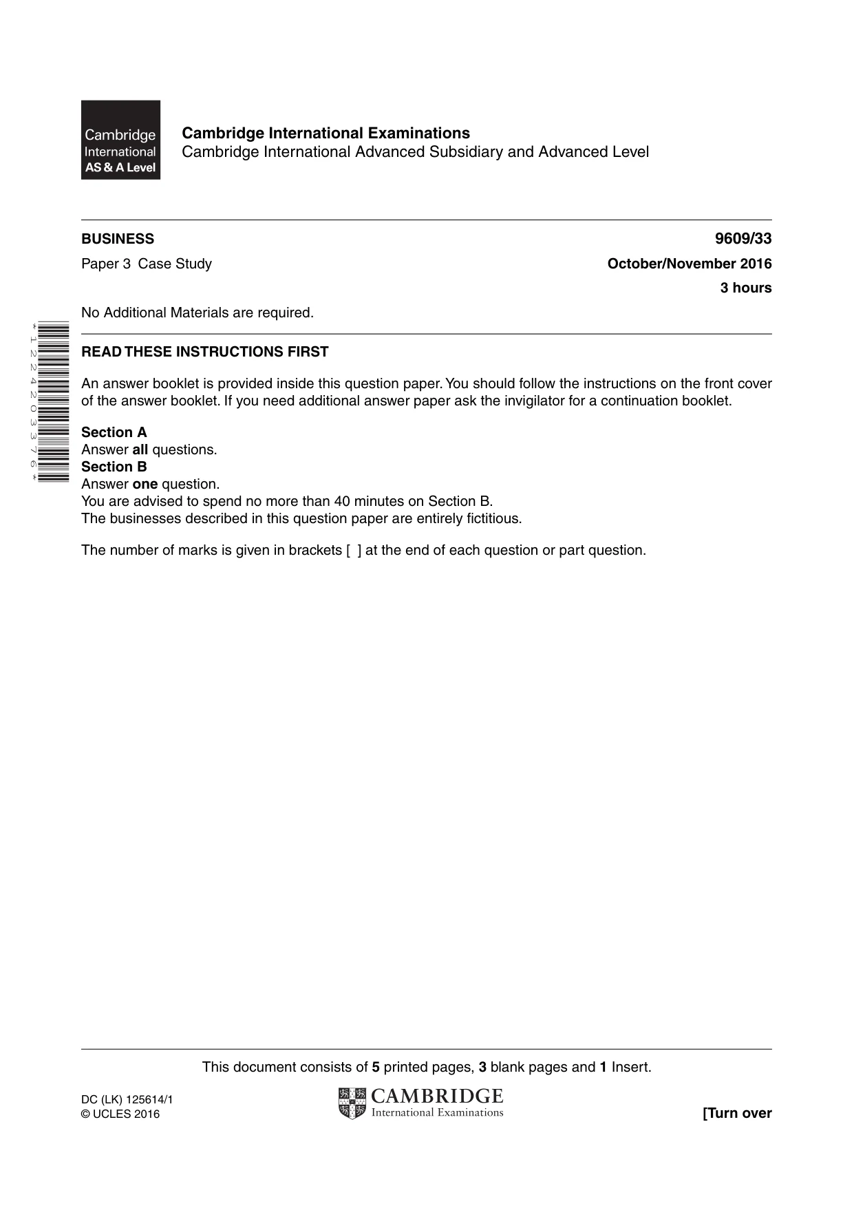 Cambridge A Level Business (for first examination in 2016) 9609 2016 Oct/Nov Paper 3 · Variant 3 question paper, page 1 of 8