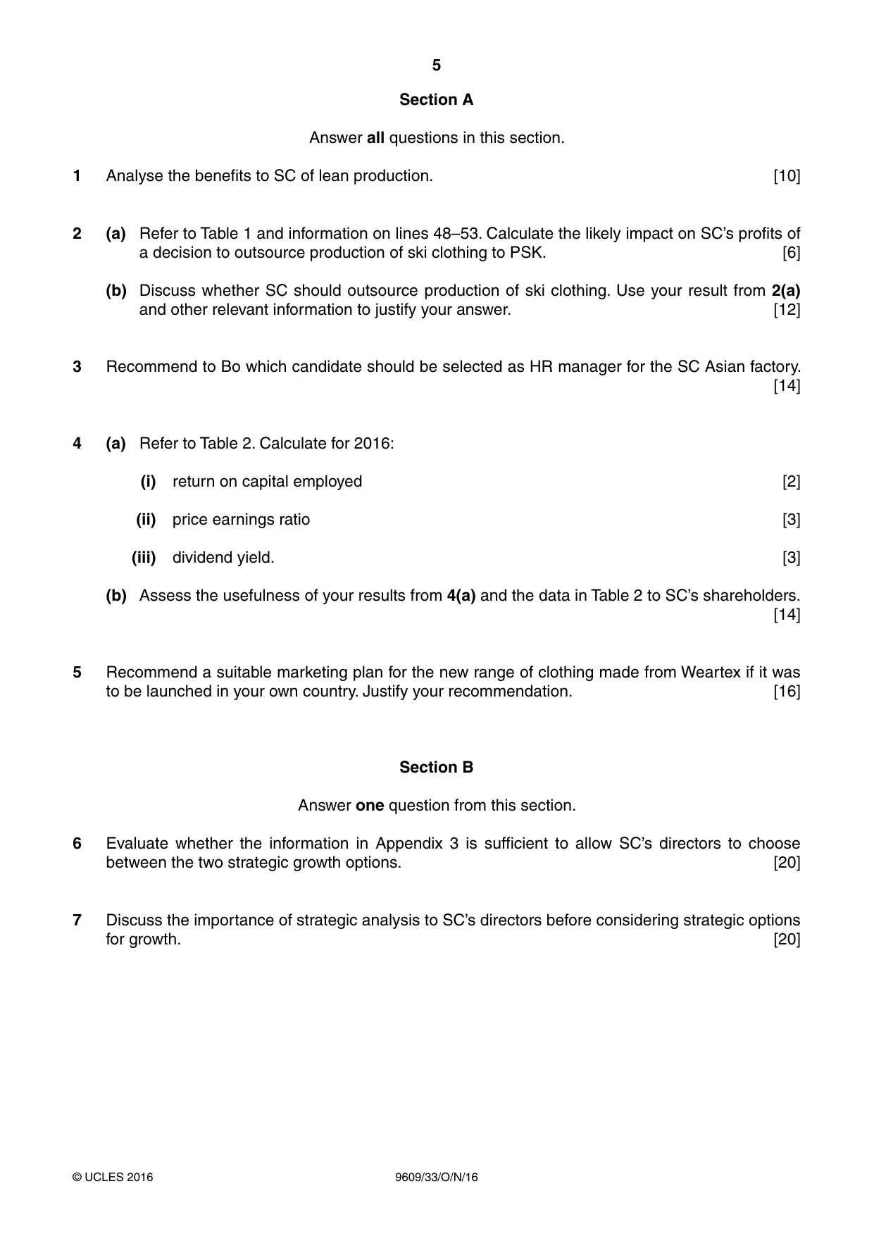Cambridge A Level Business (for first examination in 2016) 9609 2016 Oct/Nov Paper 3 · Variant 3 question paper, page 5 of 8