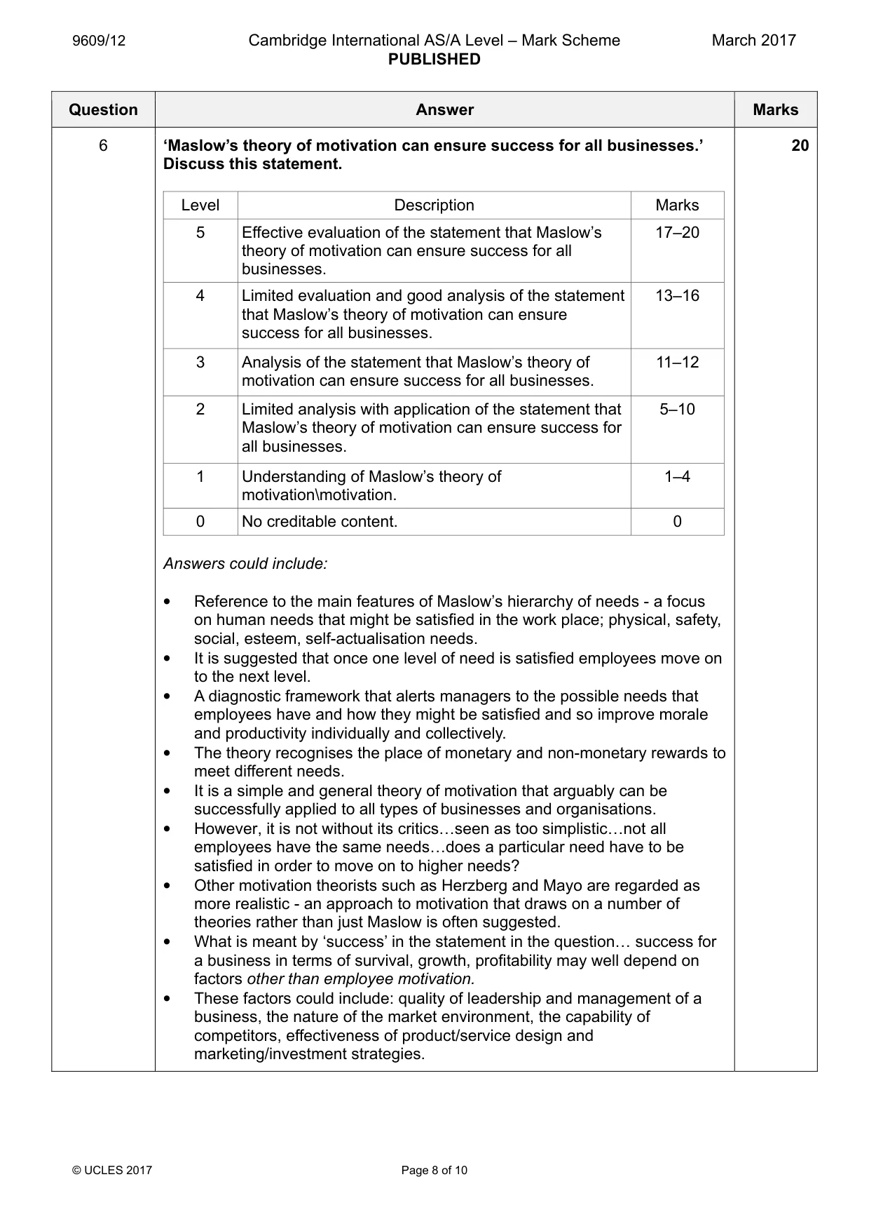 Mark scheme, page 8 of 10