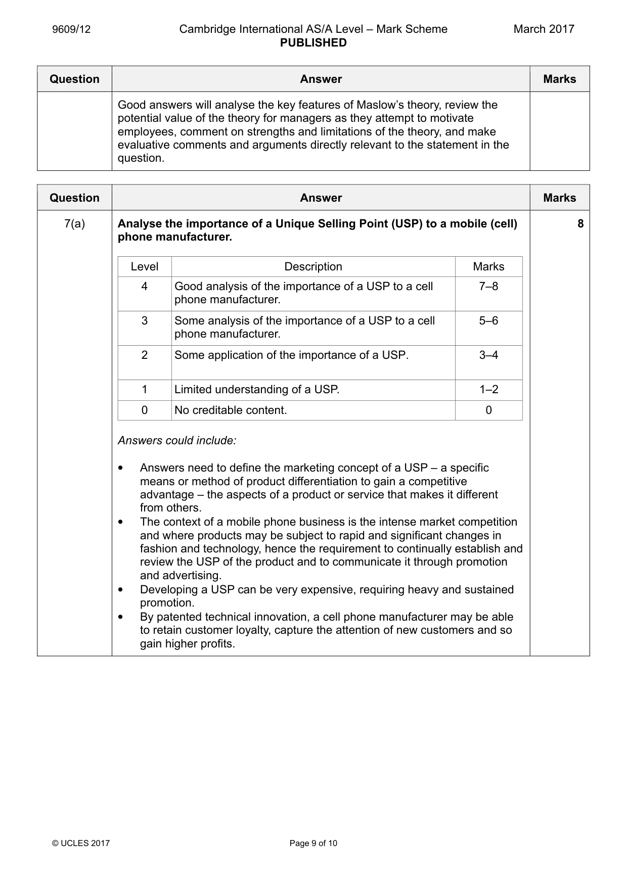 Mark scheme, page 9 of 10