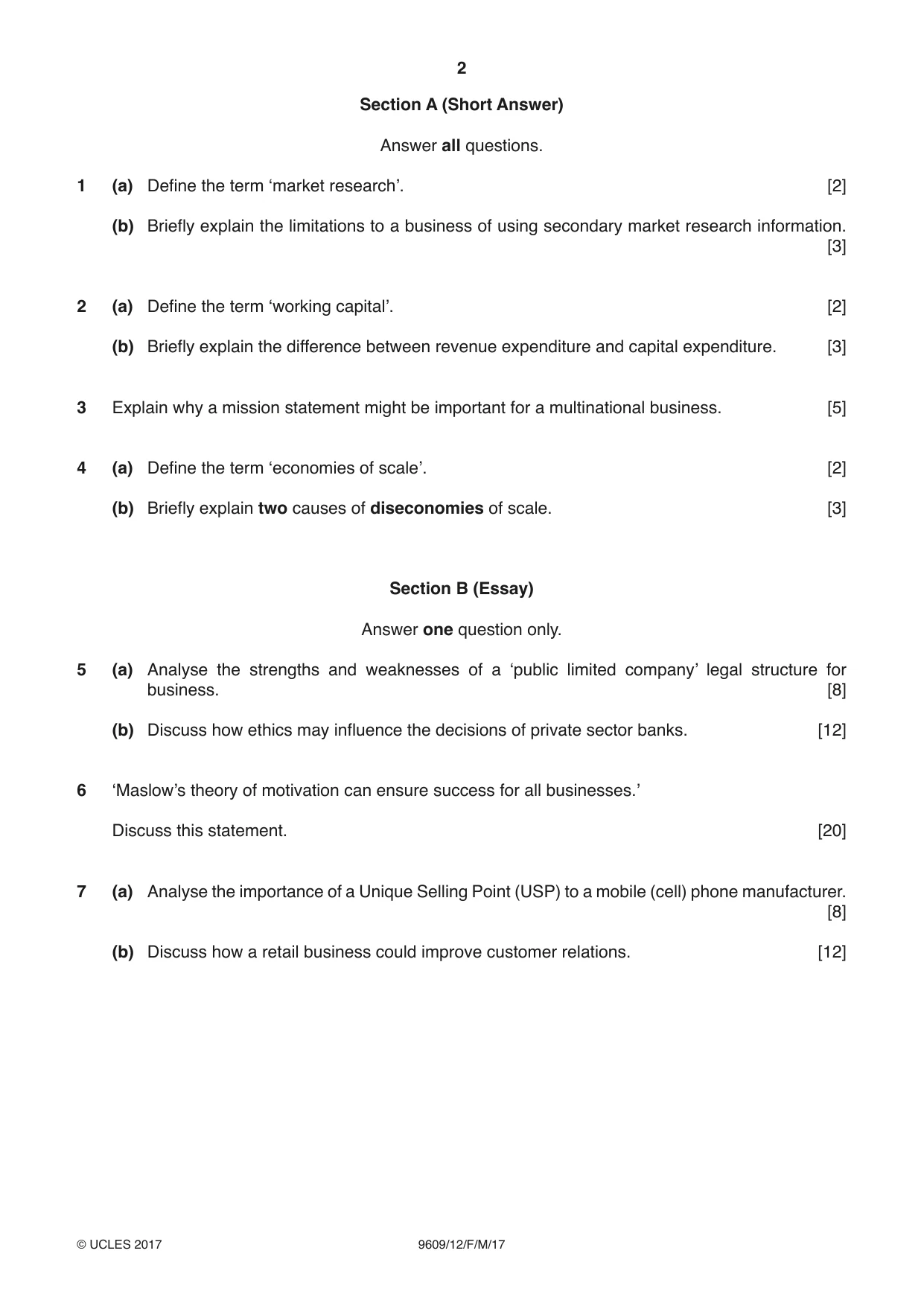 Cambridge A Level Business (for first examination in 2016) 9609 2017 Feb/March Paper 1 · Variant 2 question paper, page 2 of 4