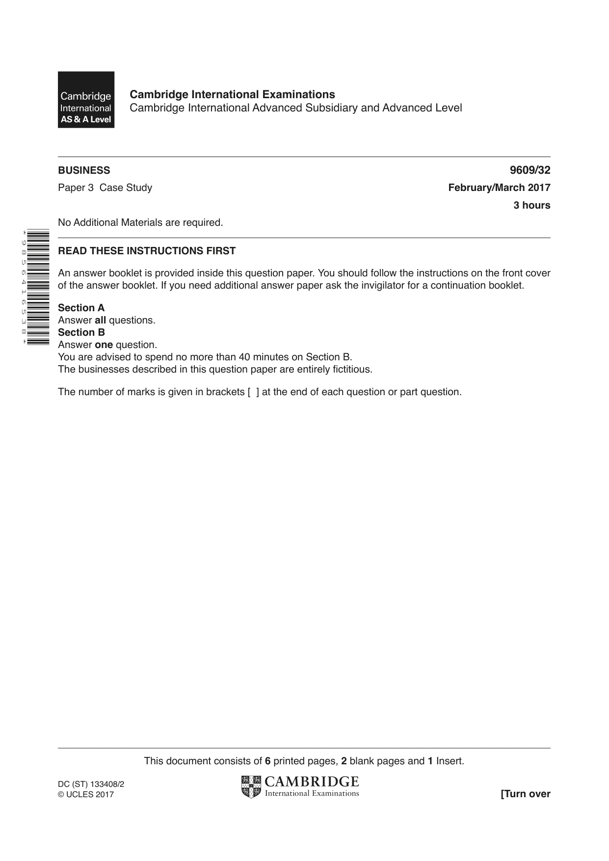 Cambridge A Level Business (for first examination in 2016) 9609 2017 Feb/March Paper 3 · Variant 2 question paper, page 1 of 8