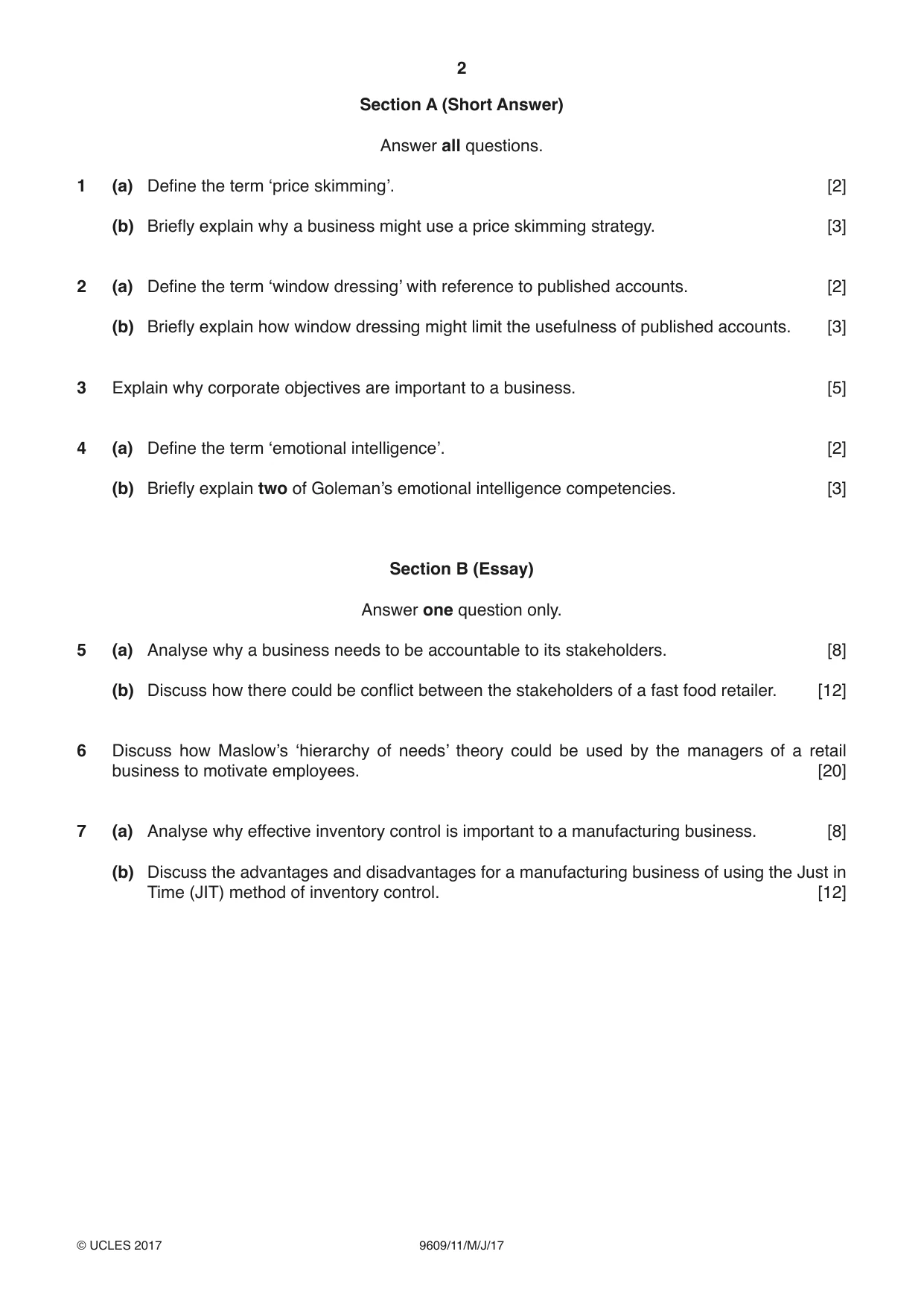 Cambridge A Level Business (for first examination in 2016) 9609 2017 May/June Paper 1 · Variant 1 question paper, page 2 of 4