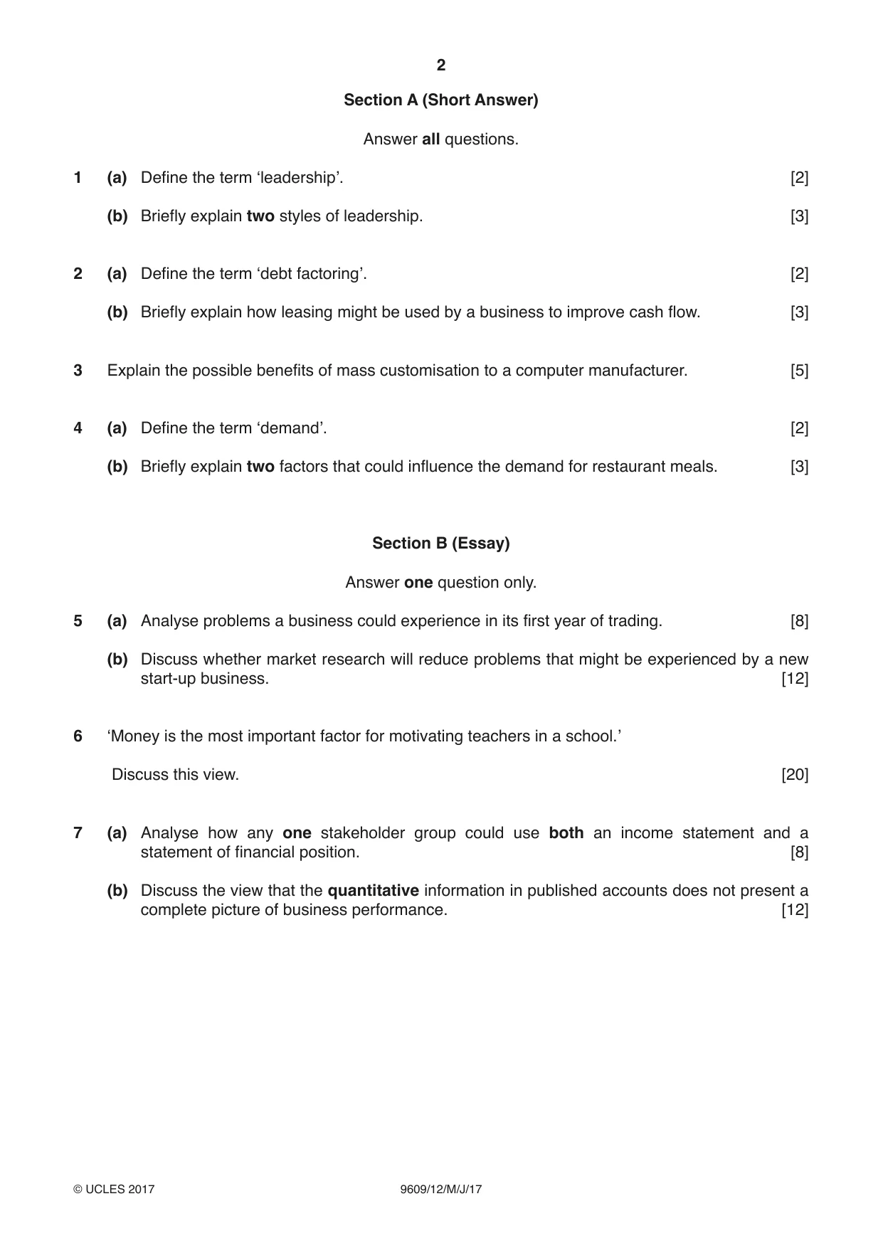 Cambridge A Level Business (for first examination in 2016) 9609 2017 May/June Paper 1 · Variant 2 question paper, page 2 of 4