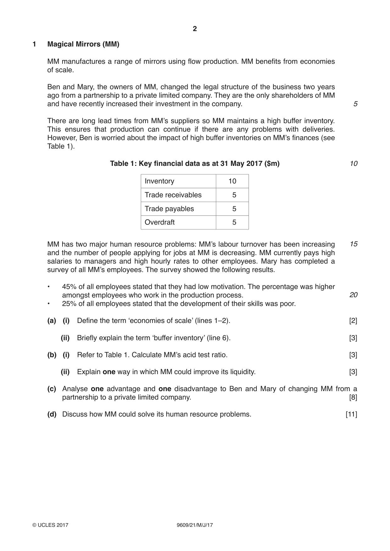 Cambridge A Level Business (for first examination in 2016) 9609 2017 May/June Paper 2 · Variant 1 question paper, page 2 of 4