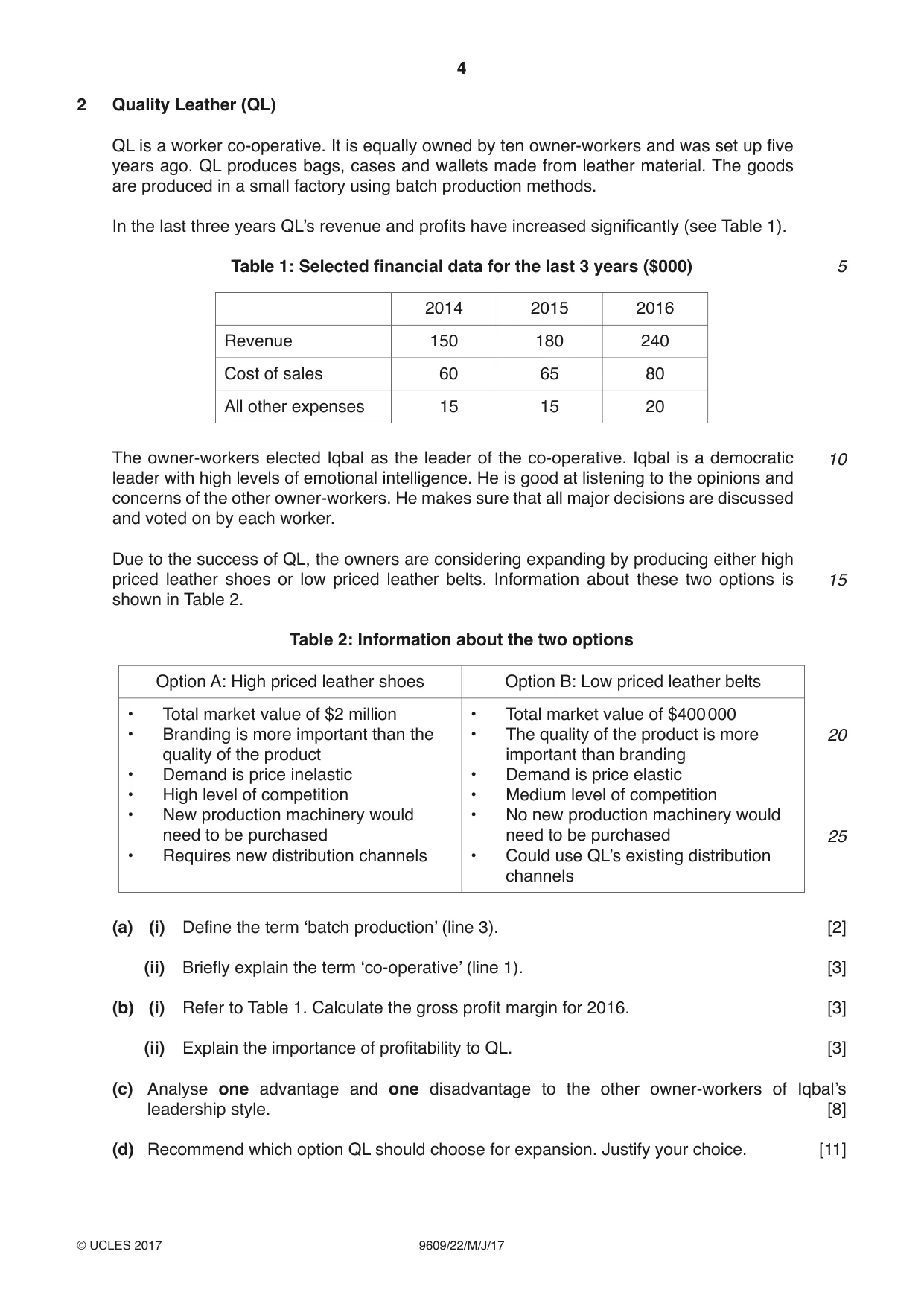Cambridge A Level Business (for first examination in 2016) 9609 2017 May/June Paper 2 · Variant 2 question paper, page 4 of 4