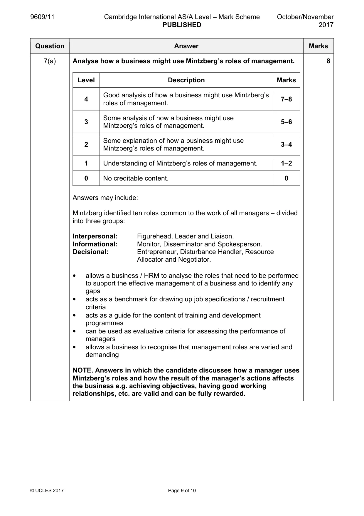 Mark scheme, page 9 of 10