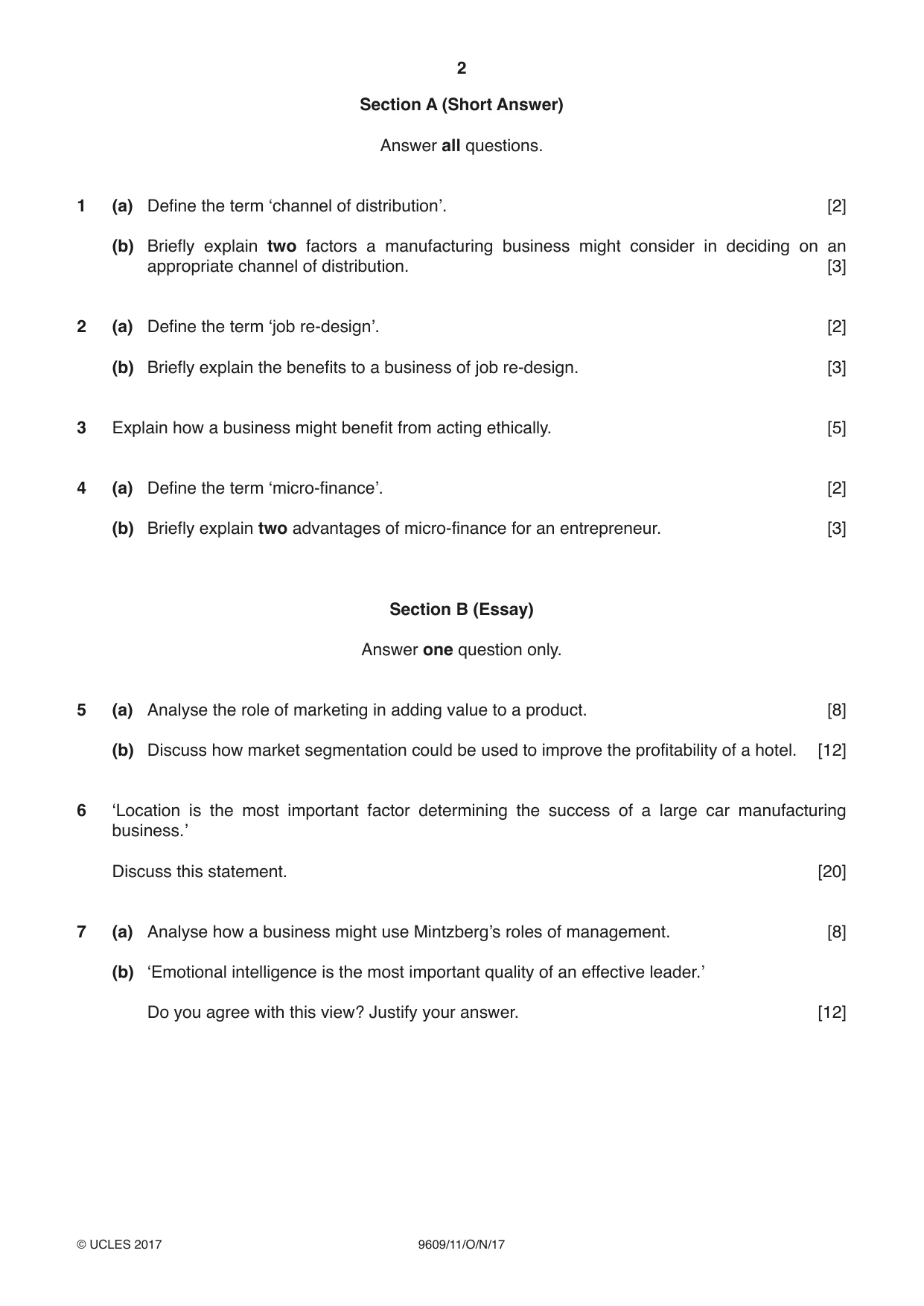 Cambridge A Level Business (for first examination in 2016) 9609 2017 Oct/Nov Paper 1 · Variant 1 question paper, page 2 of 4