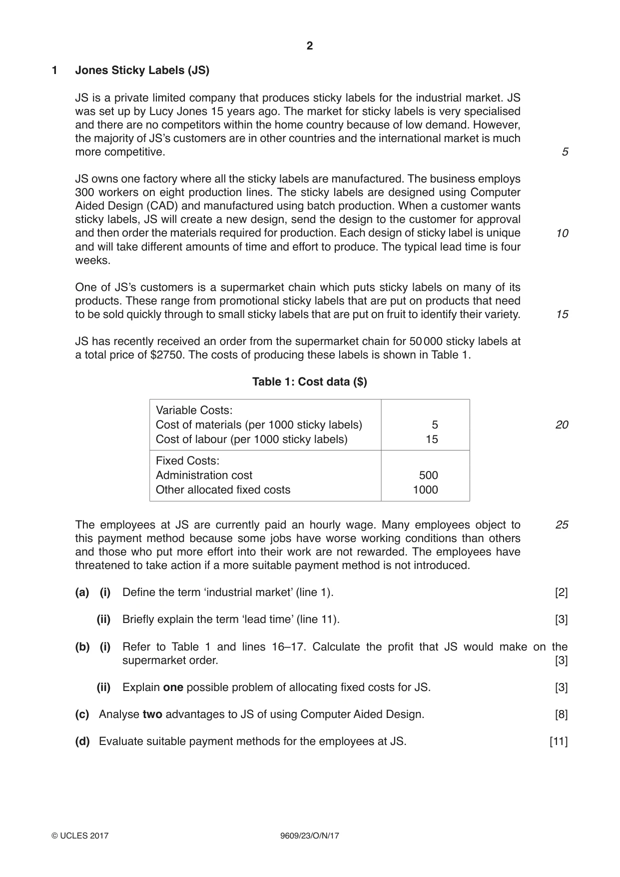 Cambridge A Level Business (for first examination in 2016) 9609 2017 Oct/Nov Paper 2 · Variant 3 question paper, page 2 of 4