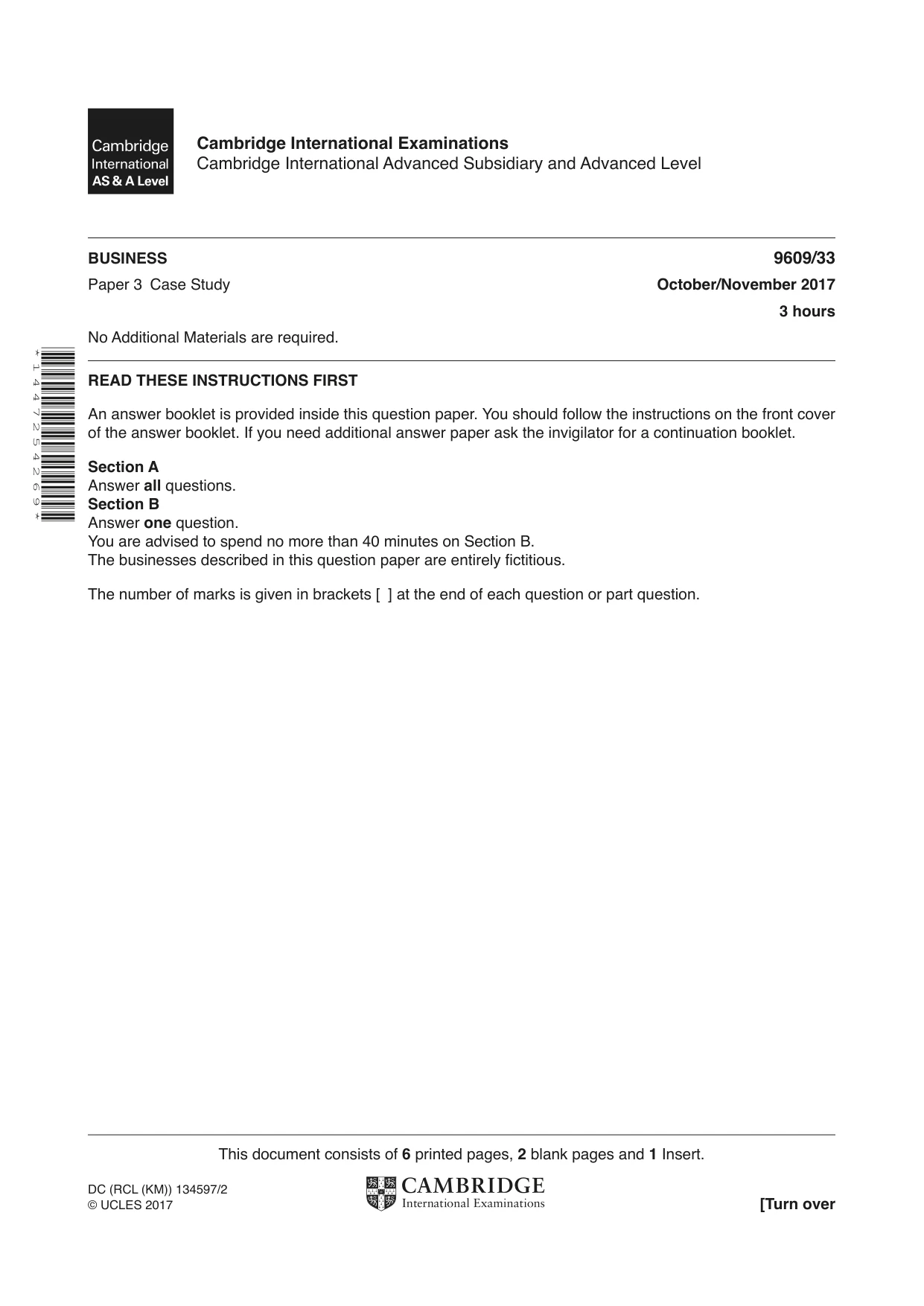Cambridge A Level Business (for first examination in 2016) 9609 2017 Oct/Nov Paper 3 · Variant 3 question paper, page 1 of 8