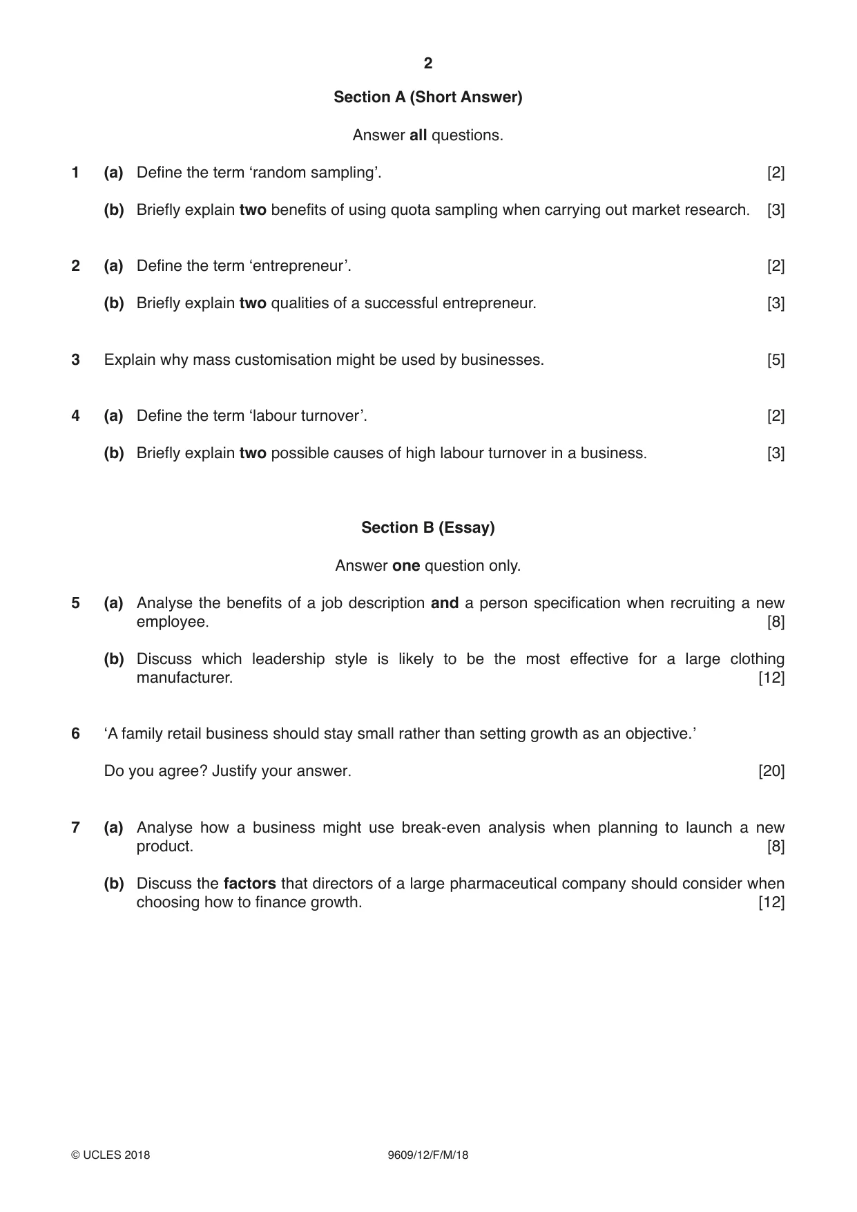 Cambridge A Level Business (for first examination in 2016) 9609 2018 Feb/March Paper 1 · Variant 2 question paper, page 2 of 4
