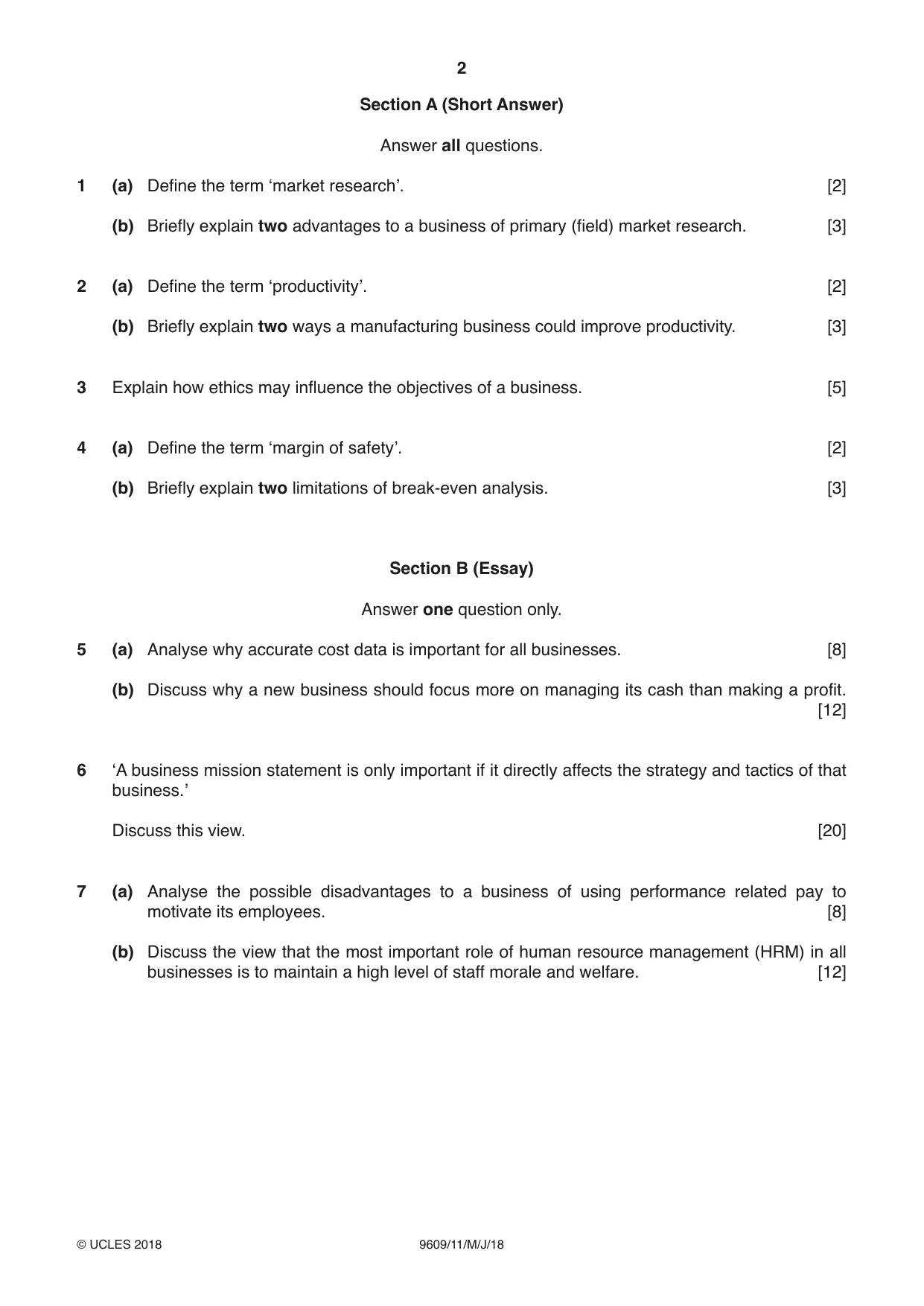 Cambridge A Level Business (for first examination in 2016) 9609 2018 May/June Paper 1 · Variant 1 question paper, page 2 of 4