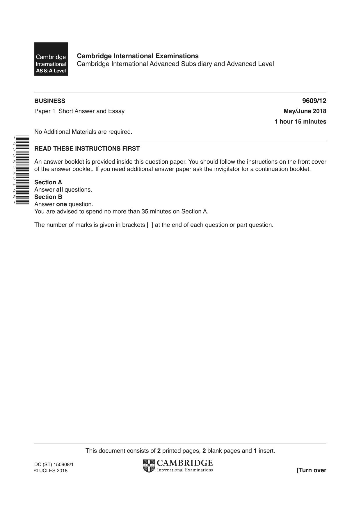 Cambridge A Level Business (for first examination in 2016) 9609 2018 May/June Paper 1 · Variant 2 question paper, page 1 of 4