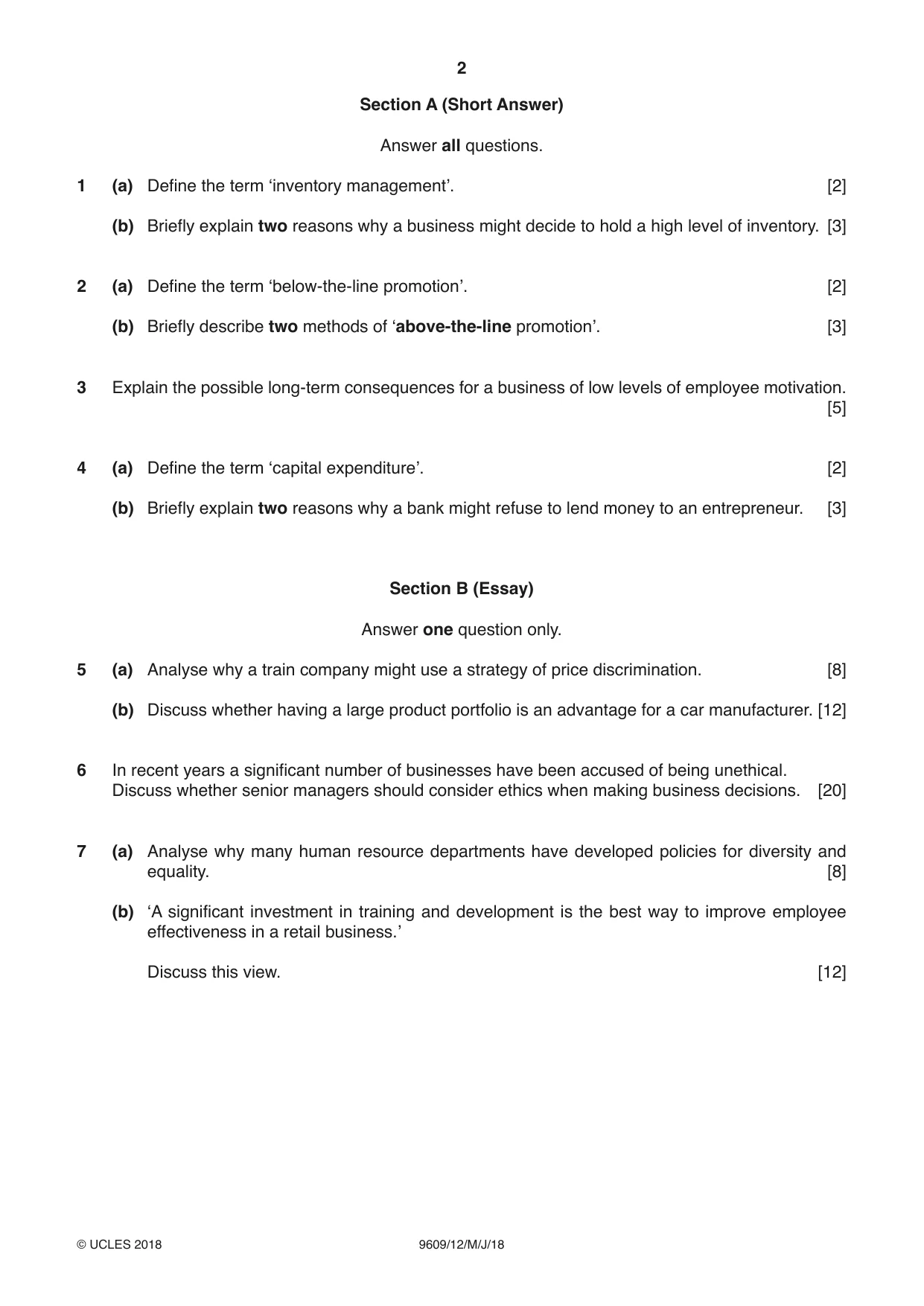 Cambridge A Level Business (for first examination in 2016) 9609 2018 May/June Paper 1 · Variant 2 question paper, page 2 of 4