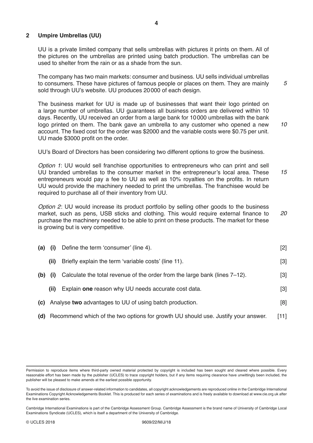 Cambridge A Level Business (for first examination in 2016) 9609 2018 May/June Paper 2 · Variant 2 question paper, page 4 of 4