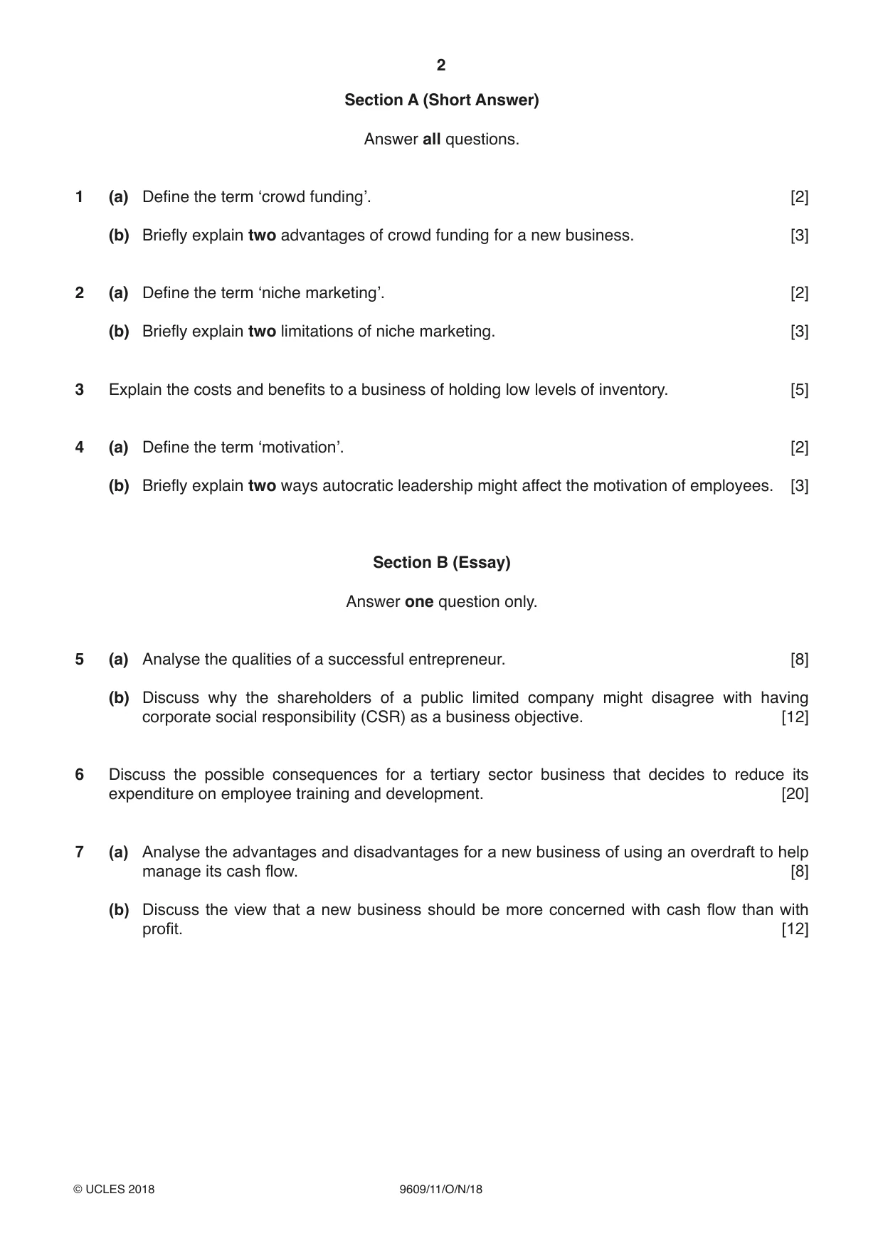 Cambridge A Level Business (for first examination in 2016) 9609 2018 Oct/Nov Paper 1 · Variant 1 question paper, page 2 of 4