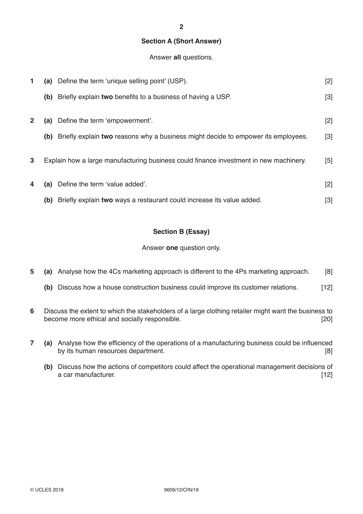 Cambridge A Level Business (for first examination in 2016) 9609 2018 Oct/Nov Paper 1 · Variant 2 question paper, page 2 of 4