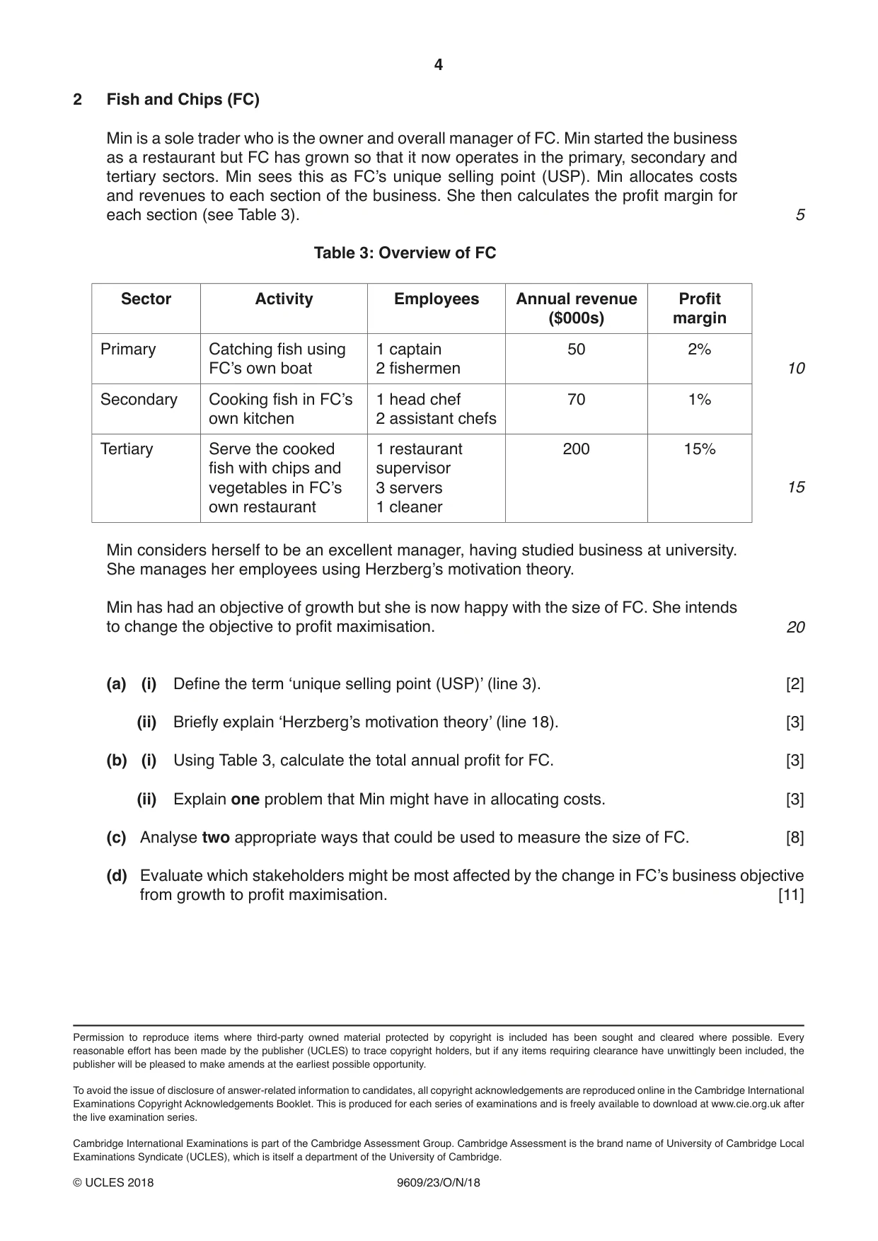 Cambridge A Level Business (for first examination in 2016) 9609 2018 Oct/Nov Paper 2 · Variant 3 question paper, page 4 of 4