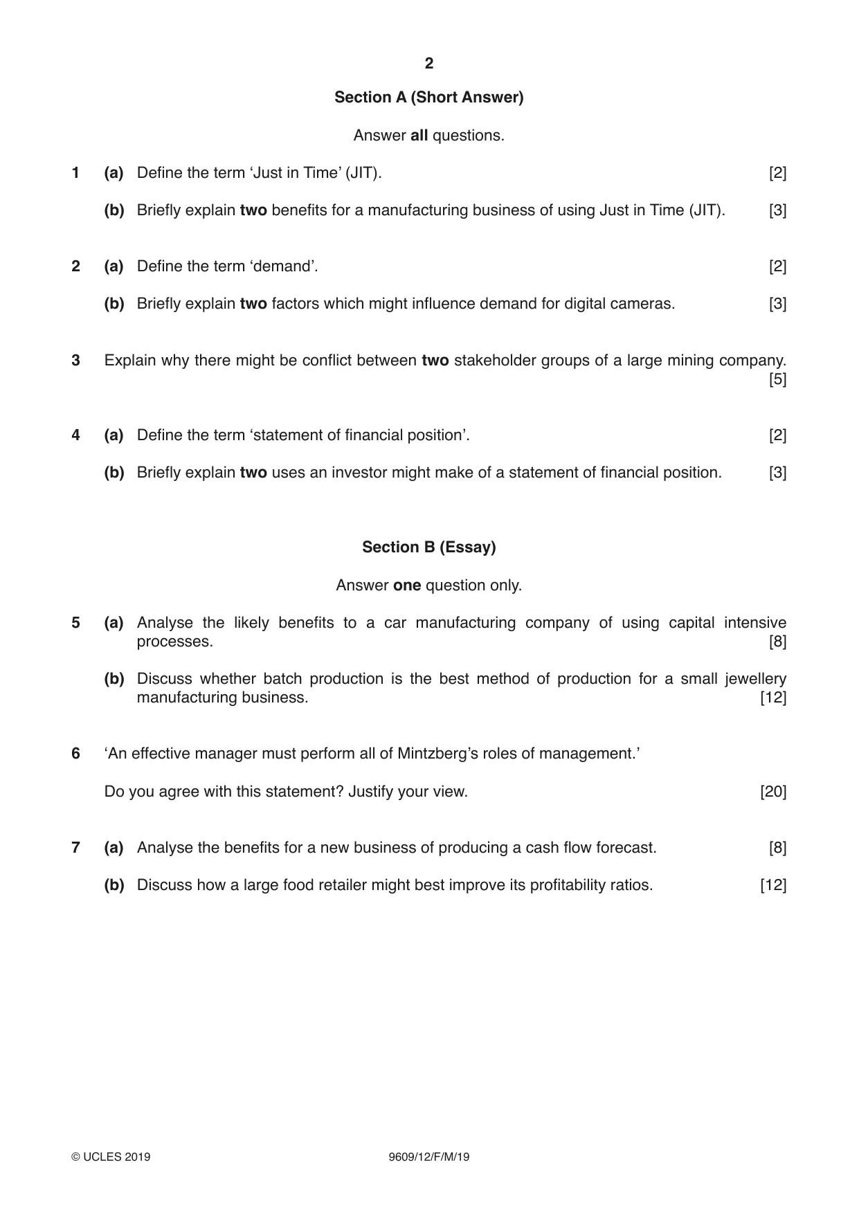 Cambridge A Level Business (for first examination in 2016) 9609 2019 Feb/March Paper 1 · Variant 2 question paper, page 2 of 4
