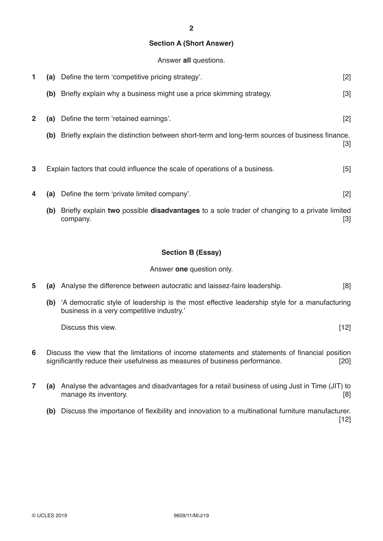 Cambridge A Level Business (for first examination in 2016) 9609 2019 May/June Paper 1 · Variant 1 question paper, page 2 of 4