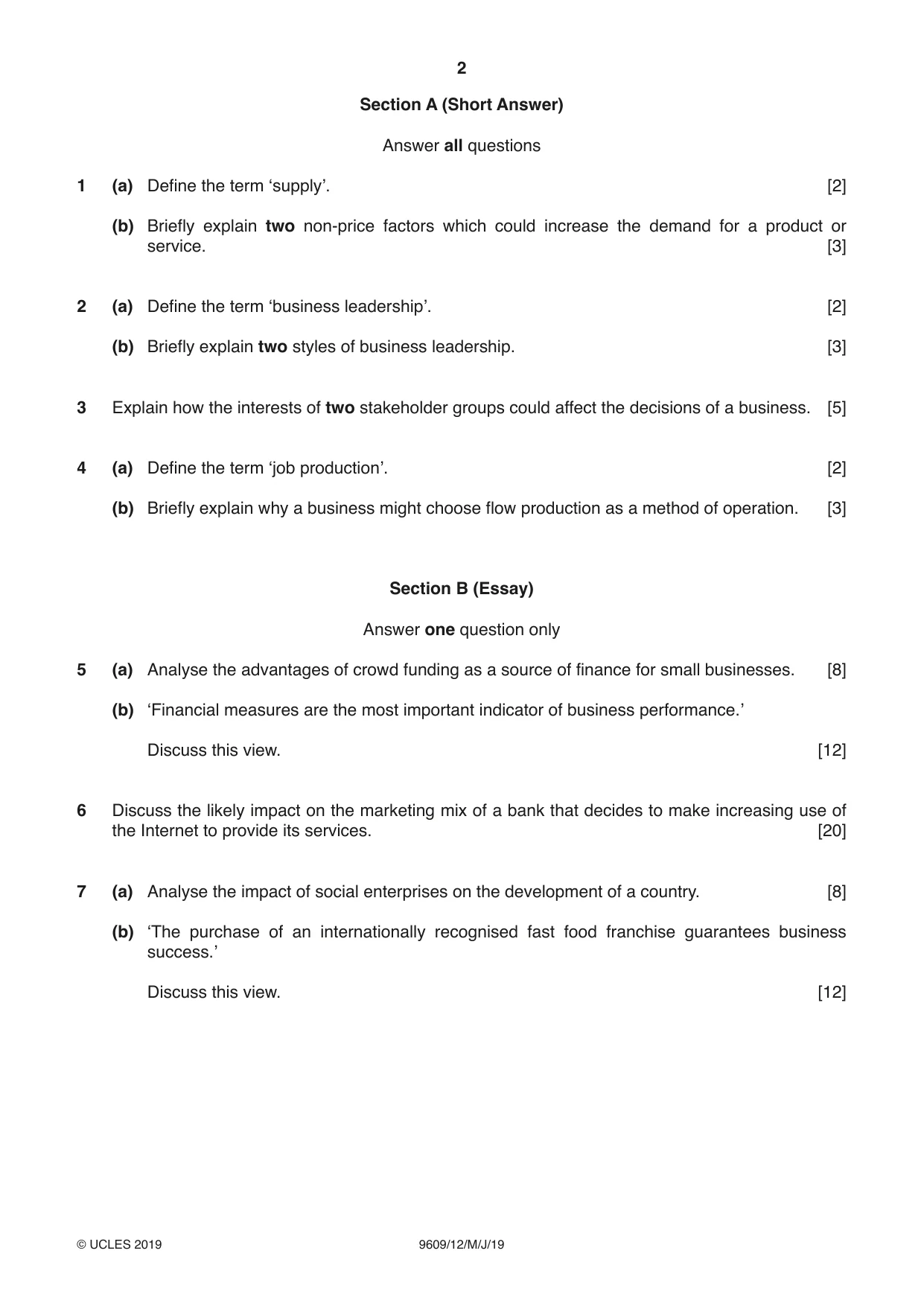 Cambridge A Level Business (for first examination in 2016) 9609 2019 May/June Paper 1 · Variant 2 question paper, page 2 of 4