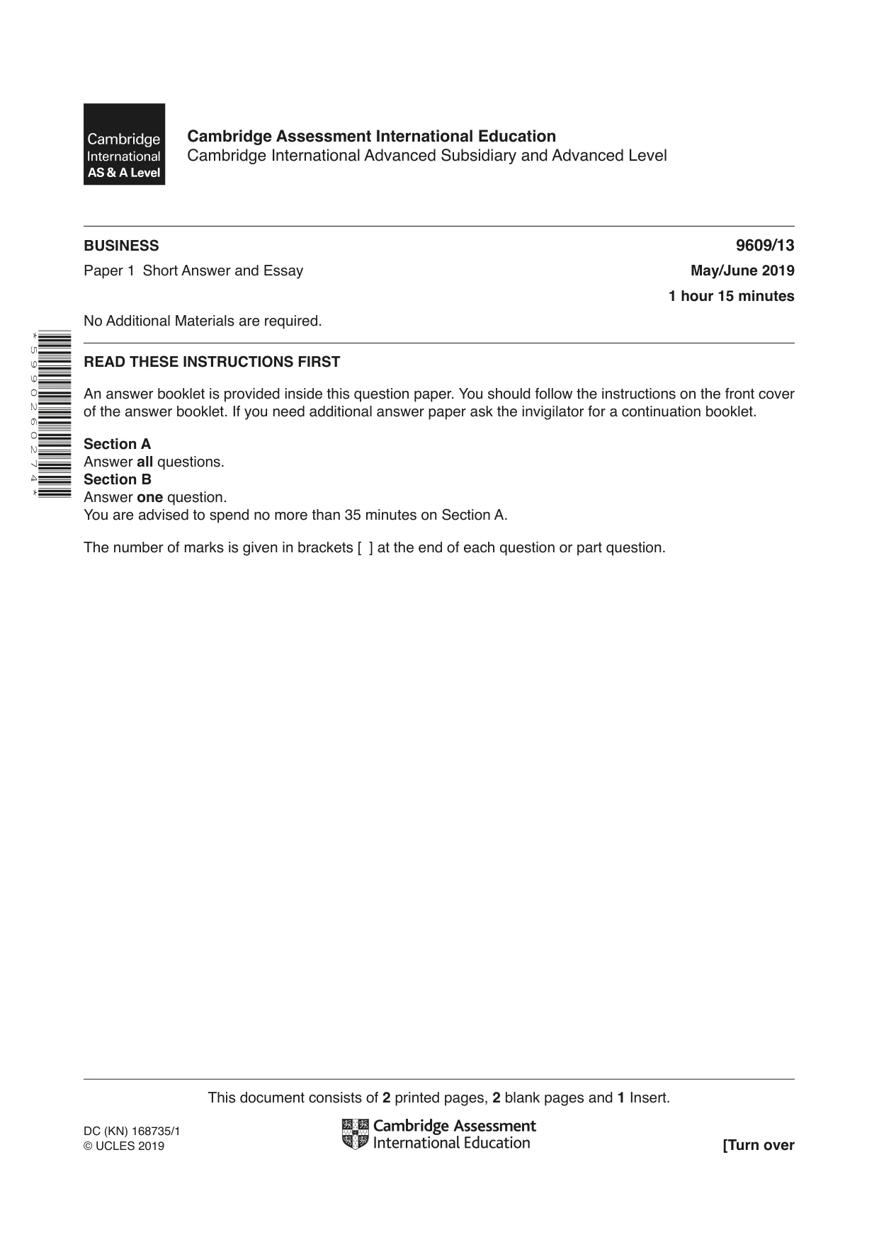 Cambridge A Level Business (for first examination in 2016) 9609 2019 May/June Paper 1 · Variant 3 question paper, page 1 of 4