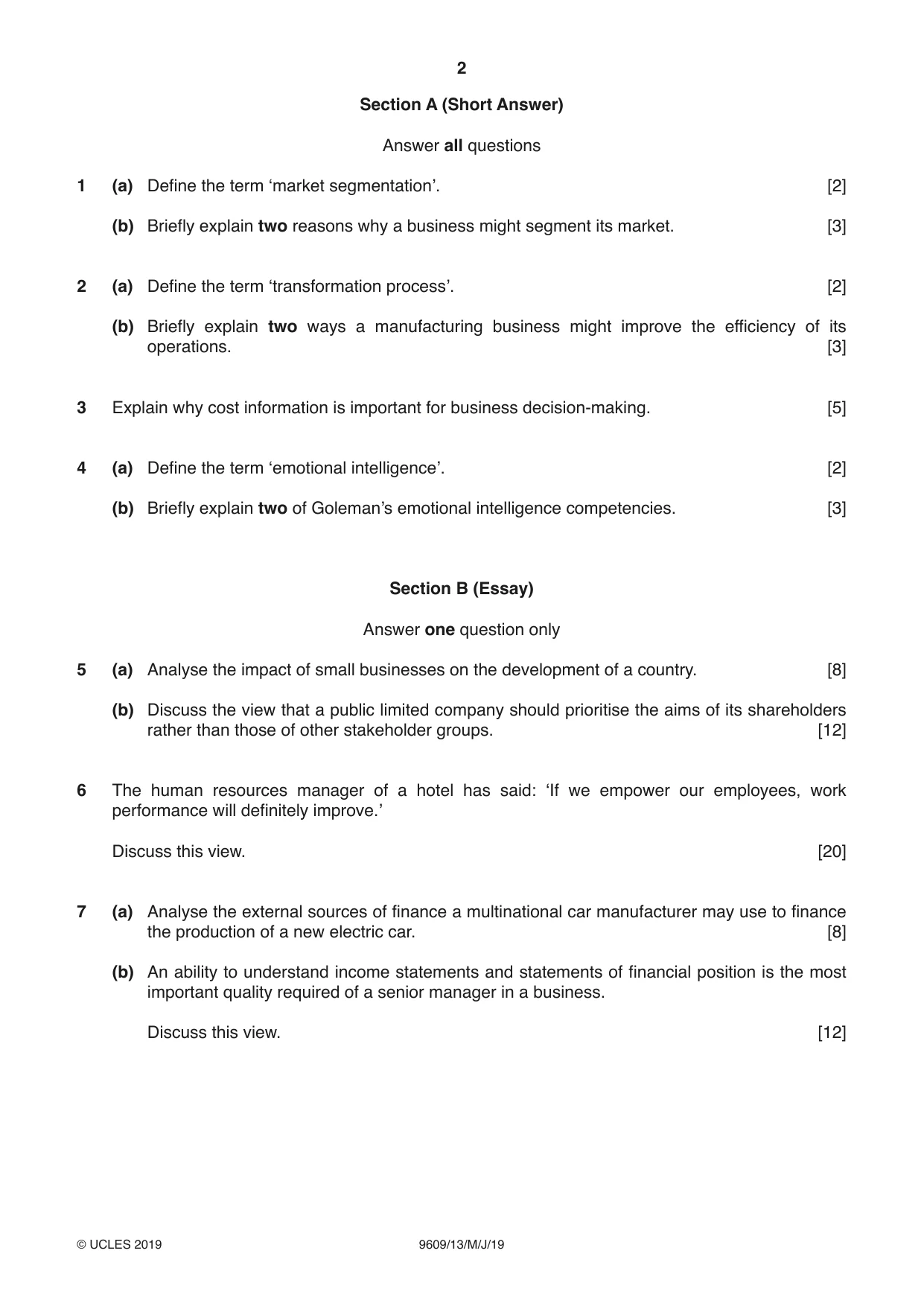 Cambridge A Level Business (for first examination in 2016) 9609 2019 May/June Paper 1 · Variant 3 question paper, page 2 of 4
