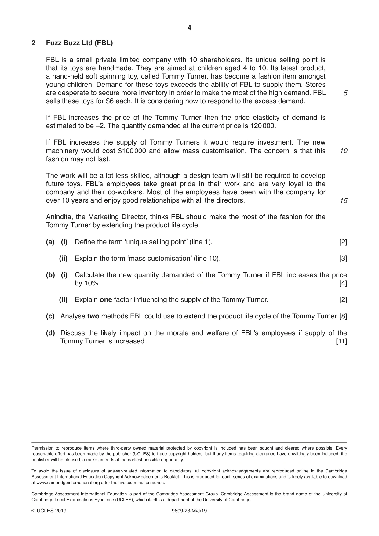 Cambridge A Level Business (for first examination in 2016) 9609 2019 May/June Paper 2 · Variant 3 question paper, page 4 of 4