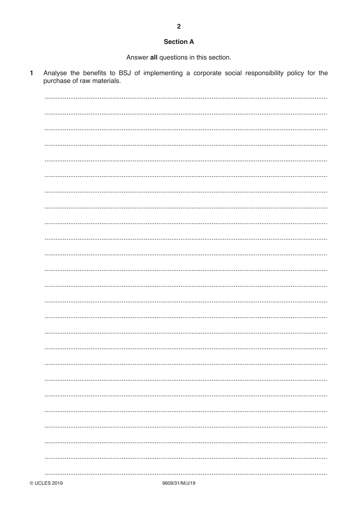 Cambridge A Level Business (for first examination in 2016) 9609 2019 May/June Paper 3 · Variant 1 question paper, page 2 of 20