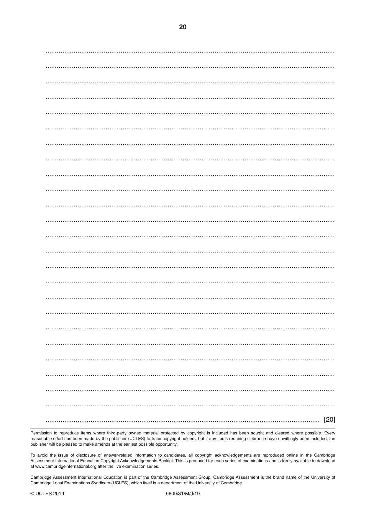 Cambridge A Level Business (for first examination in 2016) 9609 2019 May/June Paper 3 · Variant 1 question paper, page 20 of 20