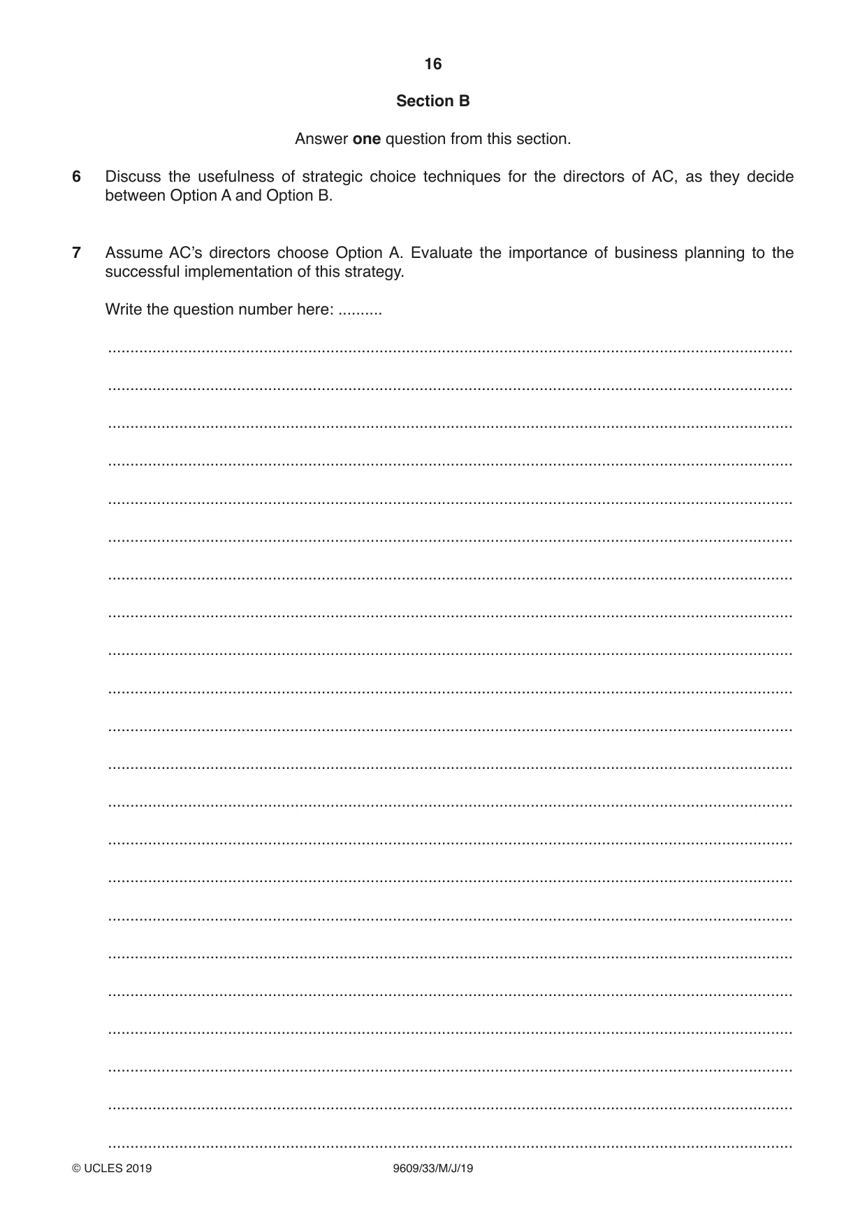 Cambridge A Level Business (for first examination in 2016) 9609 2019 May/June Paper 3 · Variant 3 question paper, page 16 of 20