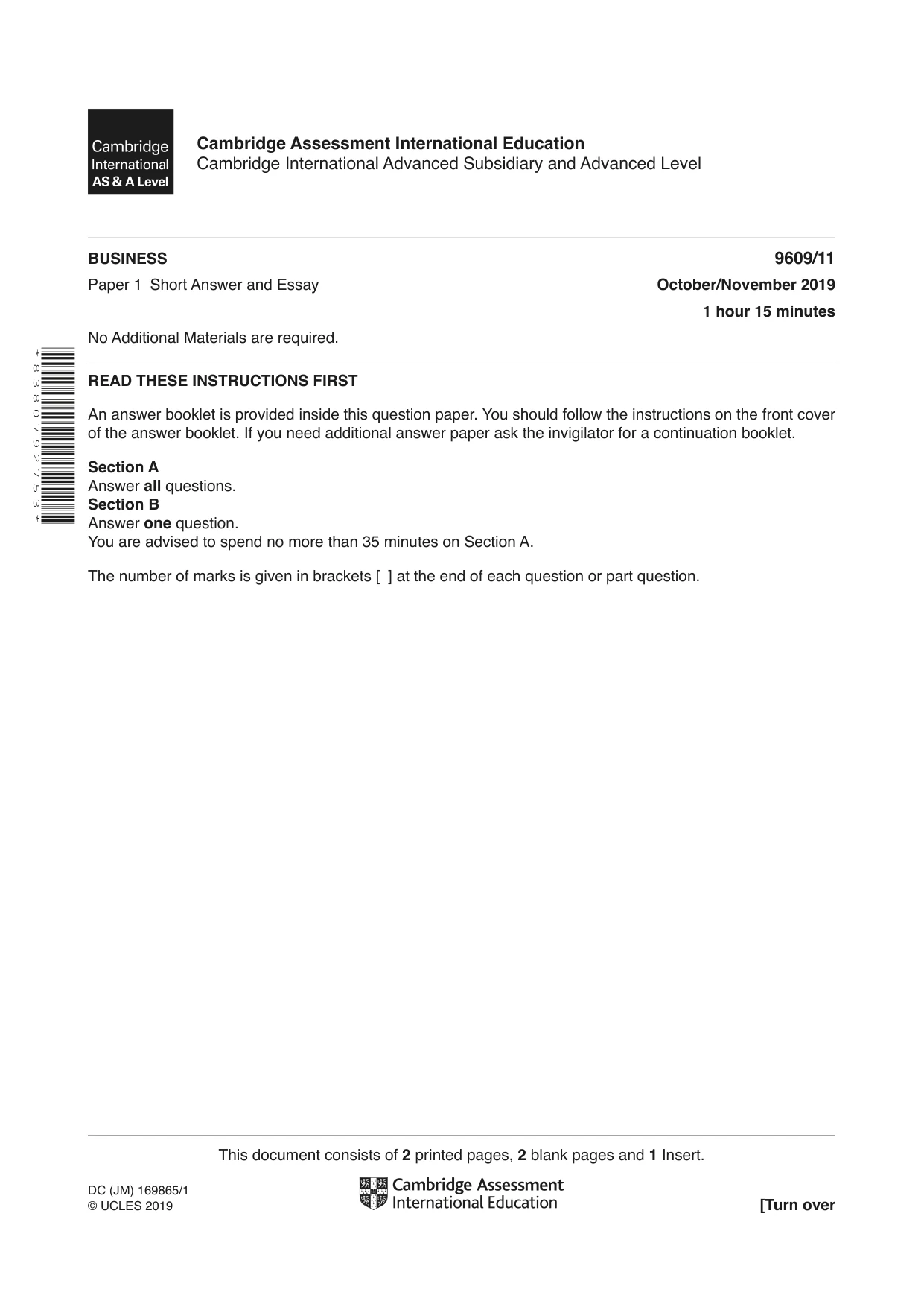 Cambridge A Level Business (for first examination in 2016) 9609 2019 Oct/Nov Paper 1 · Variant 1 question paper, page 1 of 4
