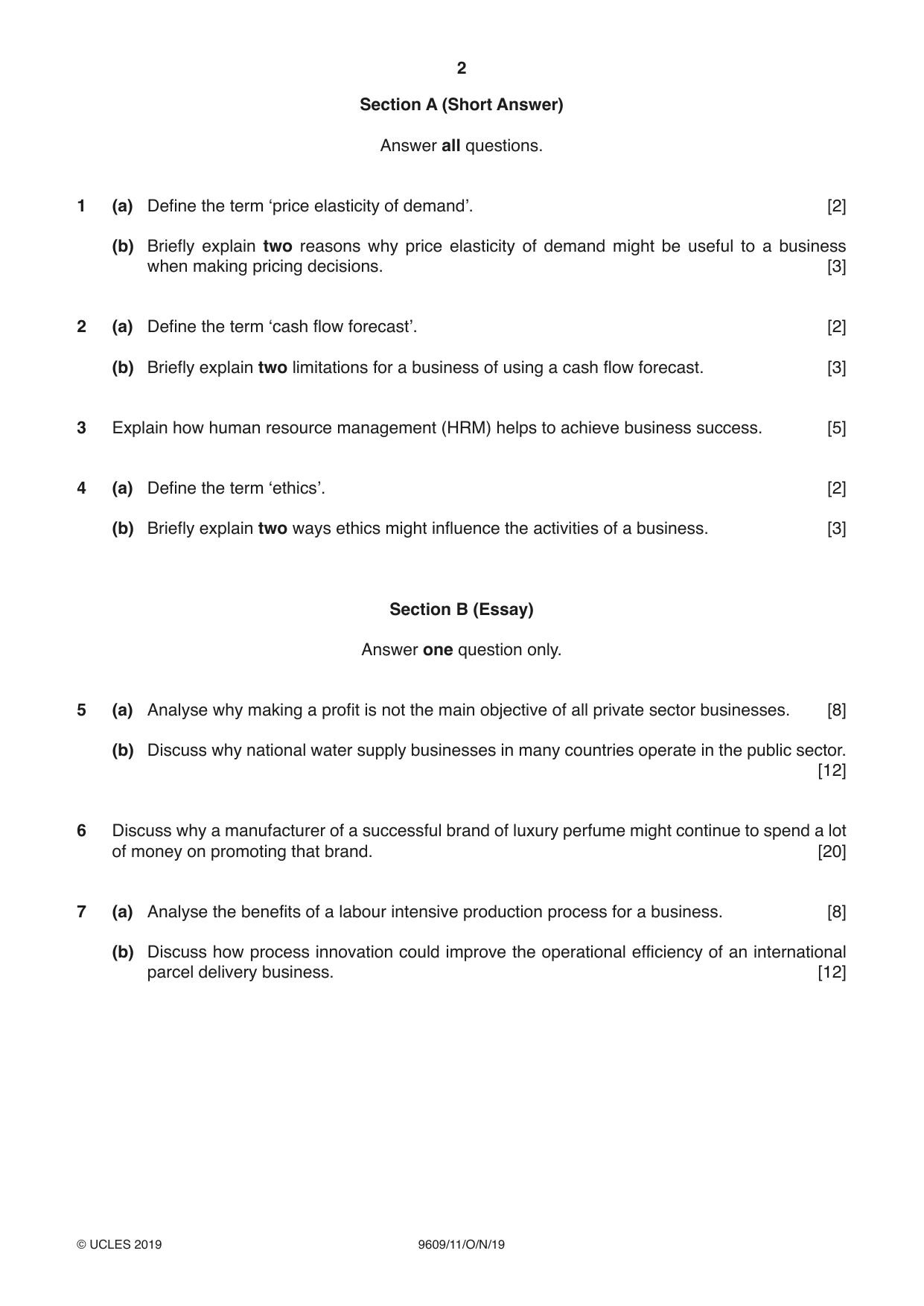 Cambridge A Level Business (for first examination in 2016) 9609 2019 Oct/Nov Paper 1 · Variant 1 question paper, page 2 of 4
