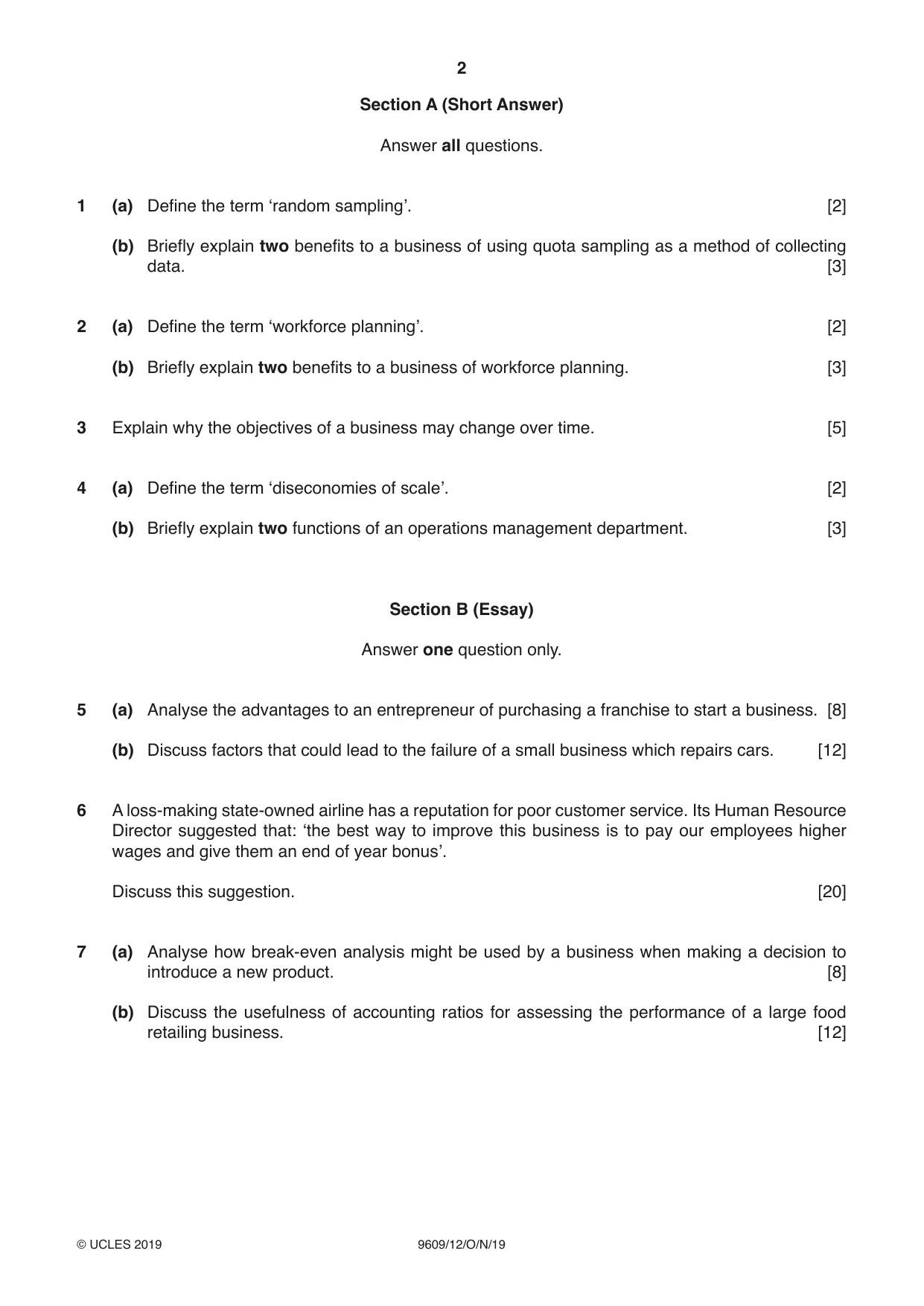 Cambridge A Level Business (for first examination in 2016) 9609 2019 Oct/Nov Paper 1 · Variant 2 question paper, page 2 of 4