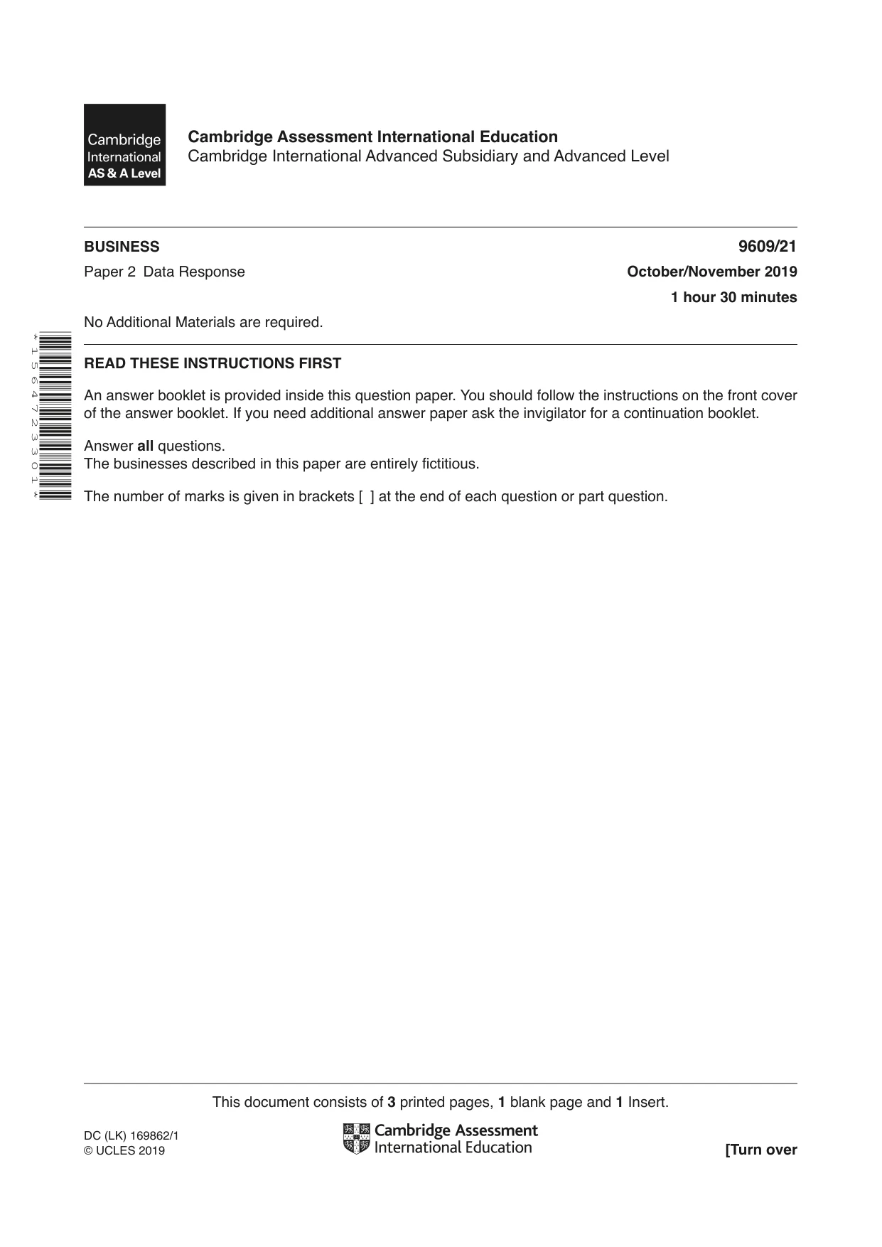 Cambridge A Level Business (for first examination in 2016) 9609 2019 Oct/Nov Paper 2 · Variant 1 question paper, page 1 of 4