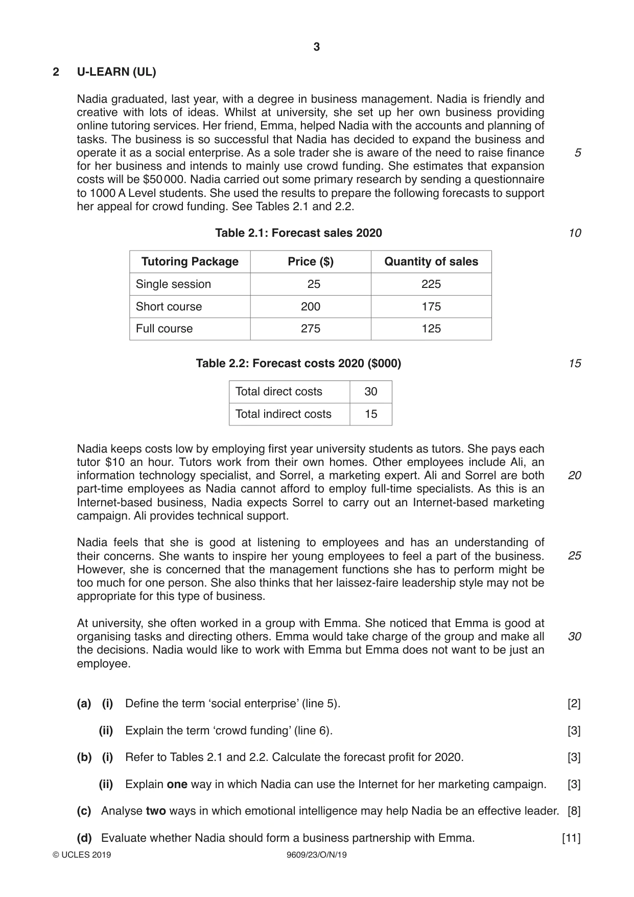 Cambridge A Level Business (for first examination in 2016) 9609 2019 Oct/Nov Paper 2 · Variant 3 question paper, page 3 of 4