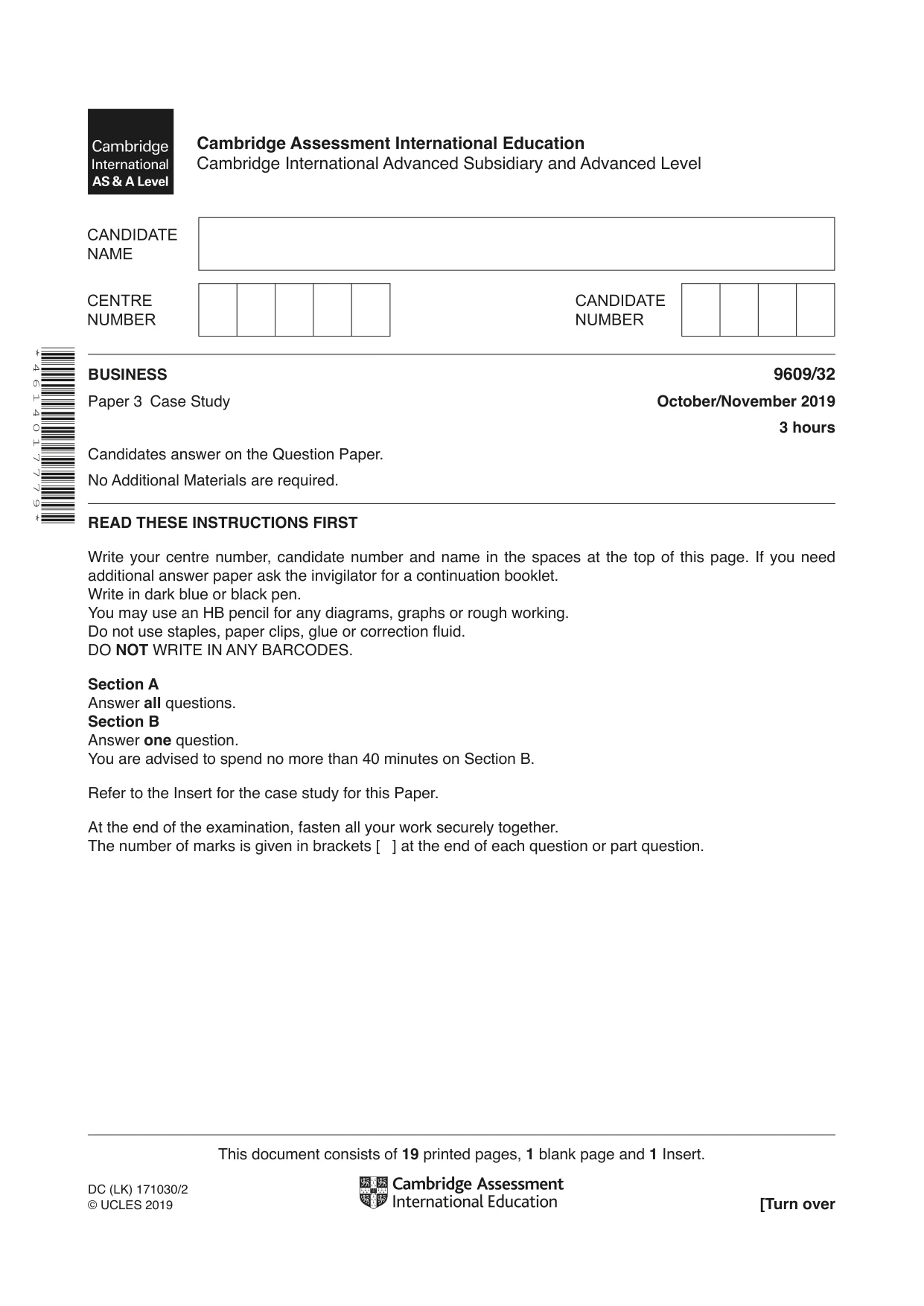 Cambridge A Level Business (for first examination in 2016) 9609 2019 Oct/Nov Paper 3 · Variant 2 question paper, page 1 of 20