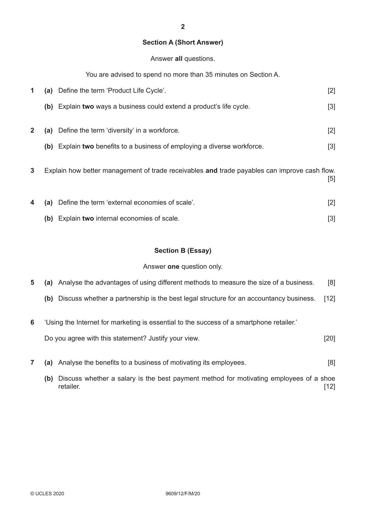 Cambridge A Level Business (for first examination in 2016) 9609 2020 Feb/March Paper 1 · Variant 2 question paper, page 2 of 4