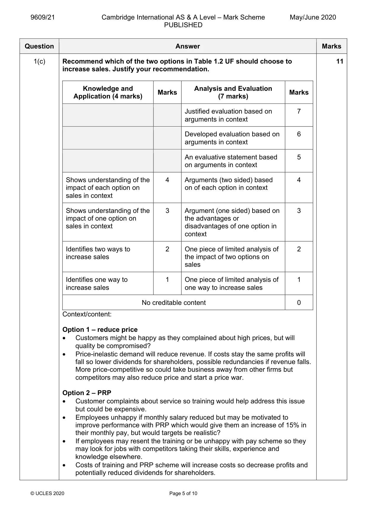 Mark scheme, page 5 of 10
