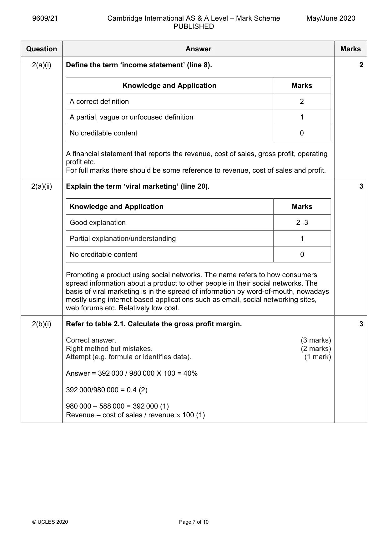 Mark scheme, page 7 of 10