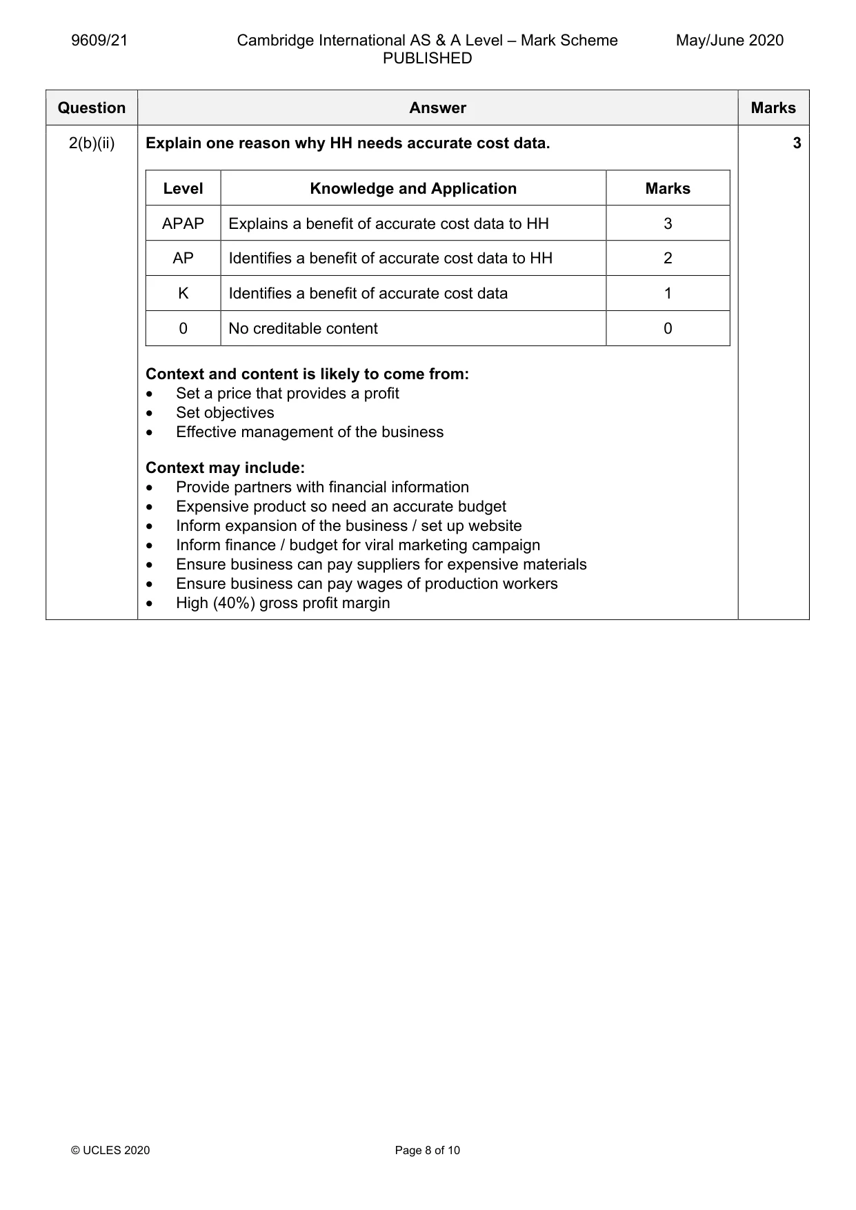 Mark scheme, page 8 of 10