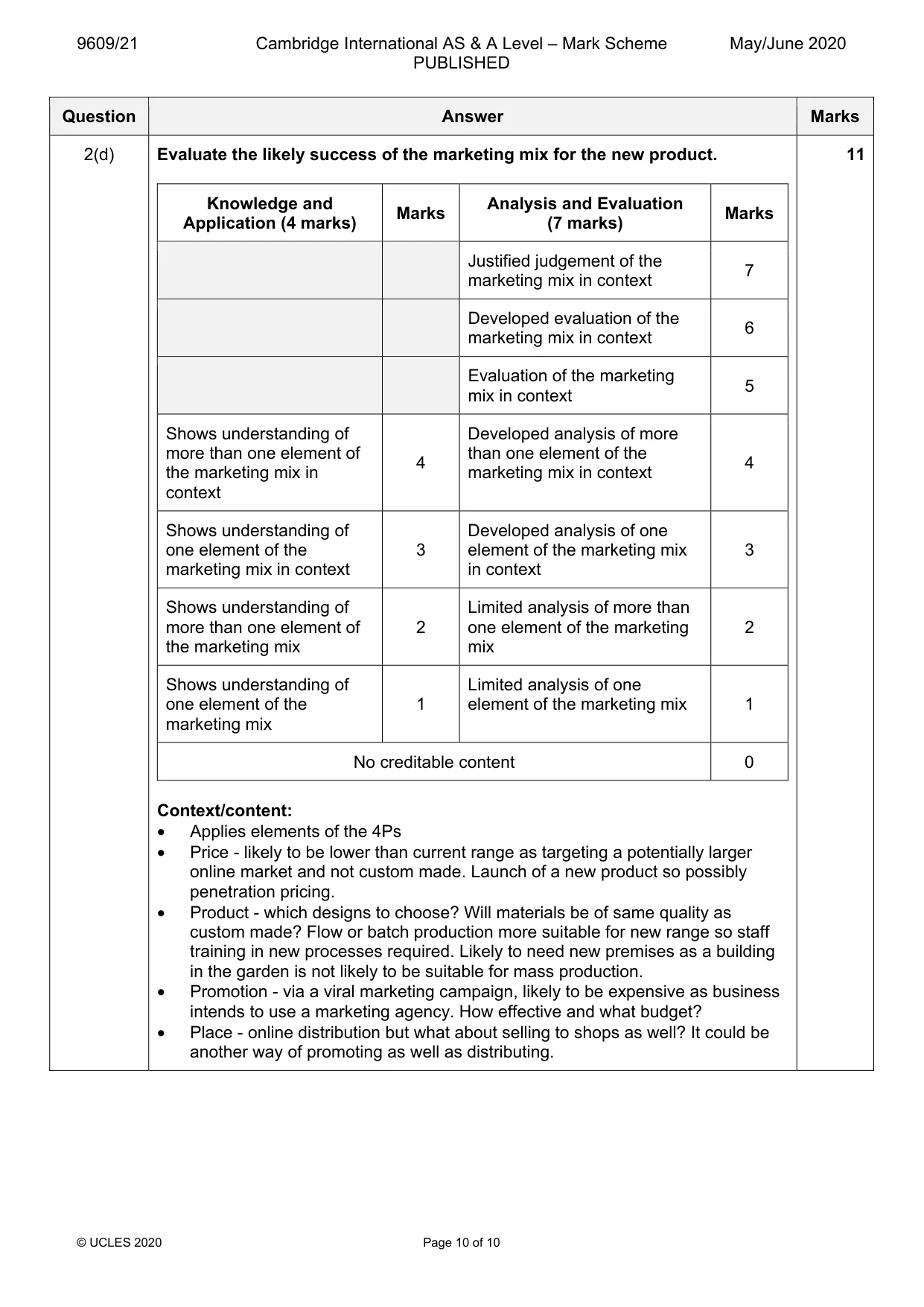 Mark scheme, page 10 of 10