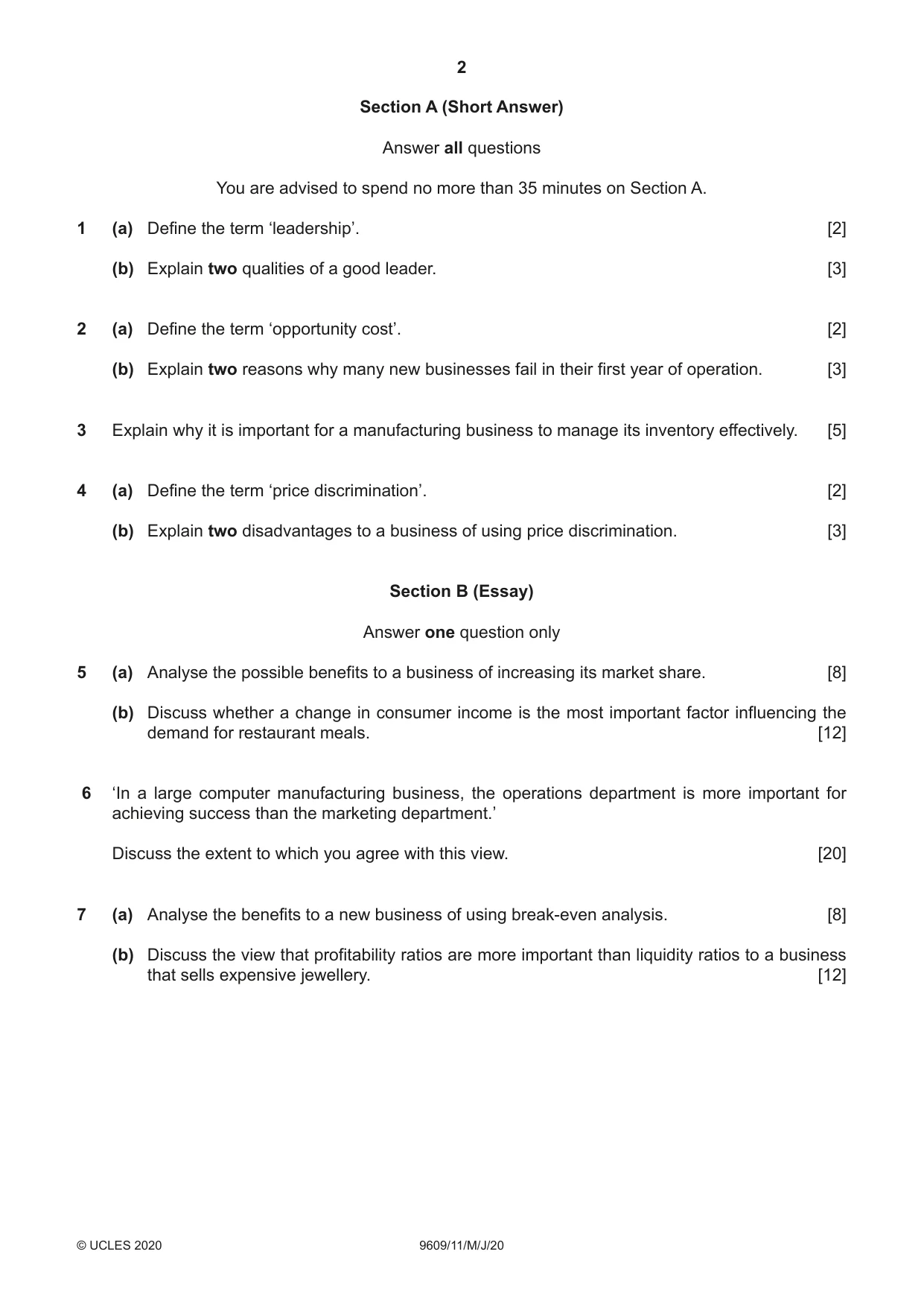 Cambridge A Level Business (for first examination in 2016) 9609 2020 May/June Paper 1 · Variant 1 question paper, page 2 of 4