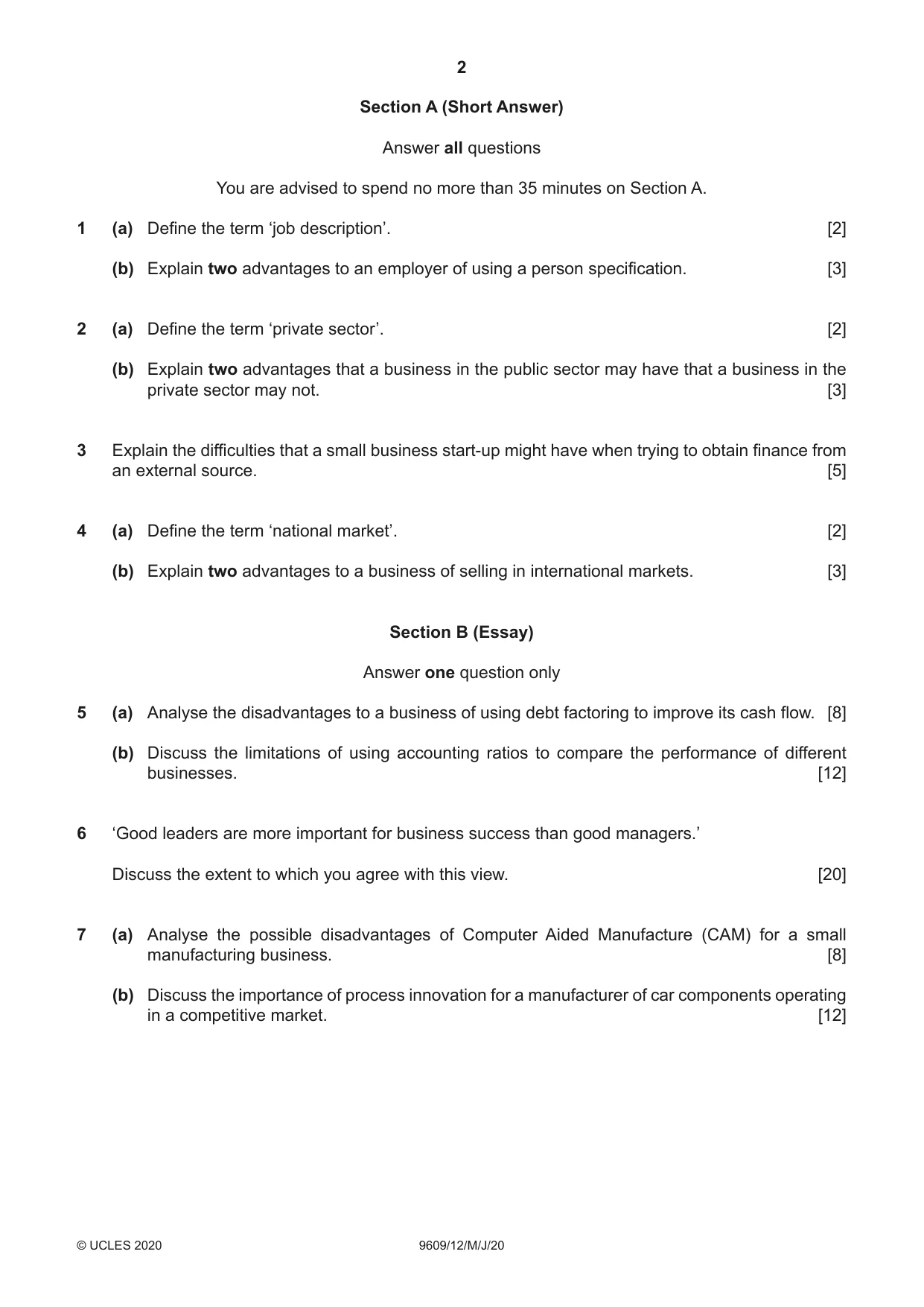 Cambridge A Level Business (for first examination in 2016) 9609 2020 May/June Paper 1 · Variant 2 question paper, page 2 of 4