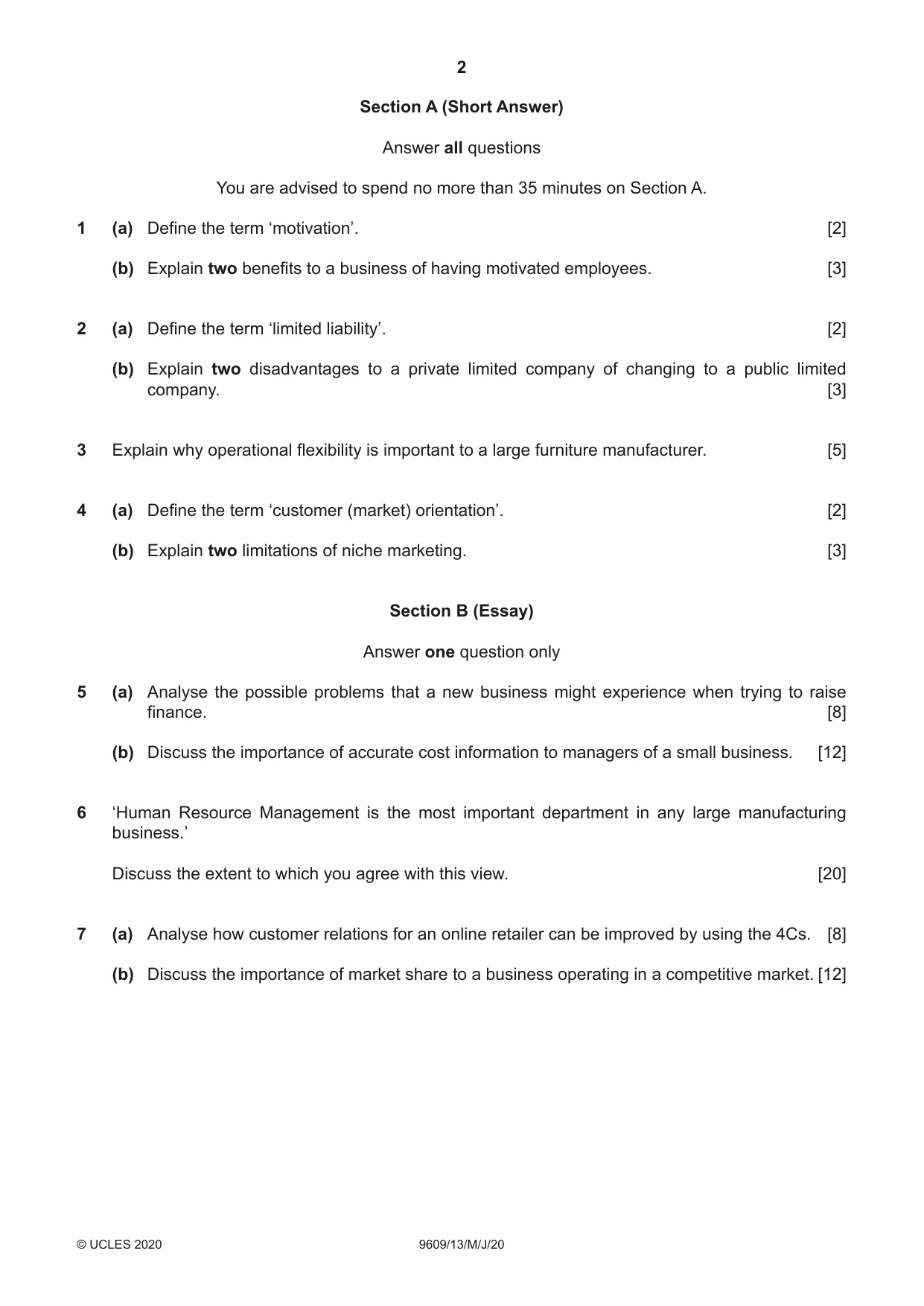 Cambridge A Level Business (for first examination in 2016) 9609 2020 May/June Paper 1 · Variant 3 question paper, page 2 of 4